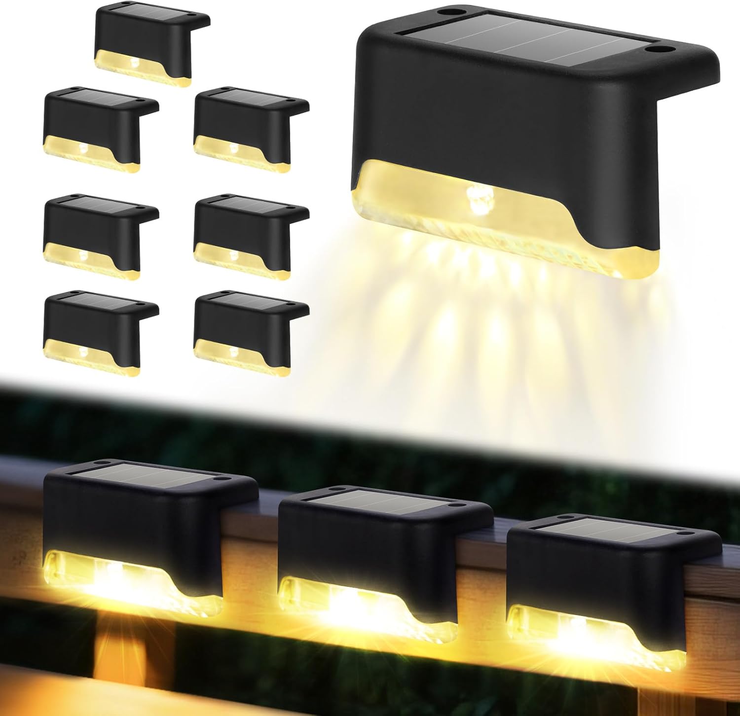 Lampy solarne LED na taras – zestaw 8 wodoodpornych lamp do oświetlania schodów, ogrodzeń, stopni, poręczy i ścieżek (ciepłe światło)