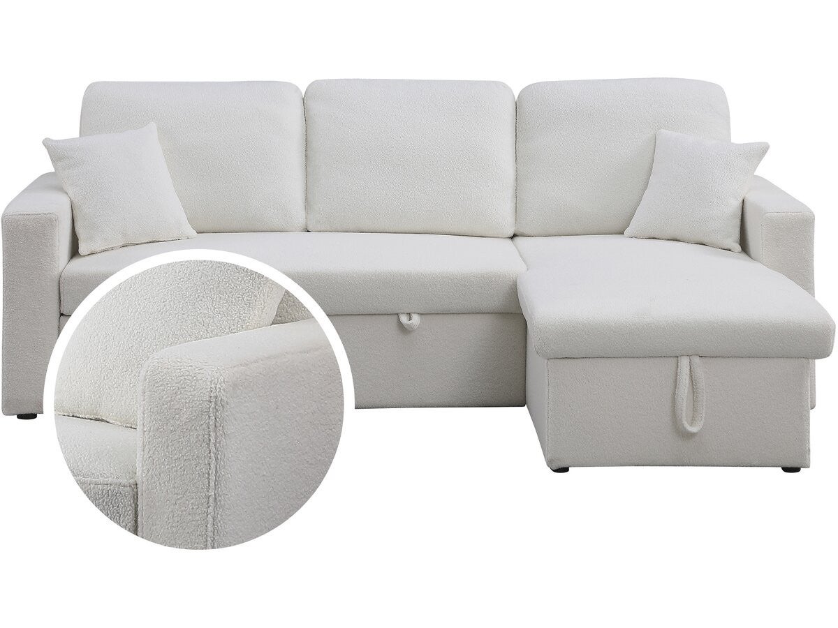 Narożna sofa rozkładana/dwustronna z schowkiem "Alain" – 3-osobowa – Bouclettes – Biała