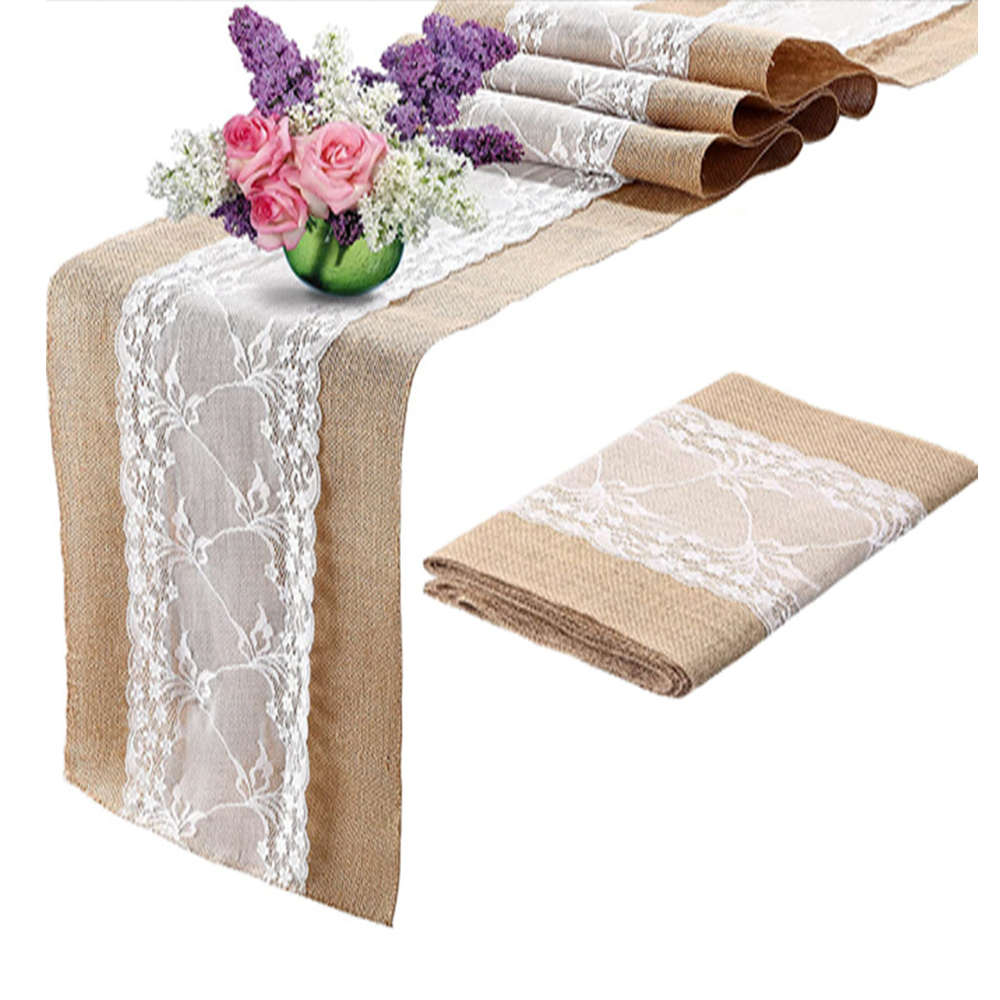 2 szt Bieżnik stołowy z naturalnego płótna lnianego z koronkową krawędzią 30x275cm Khaki