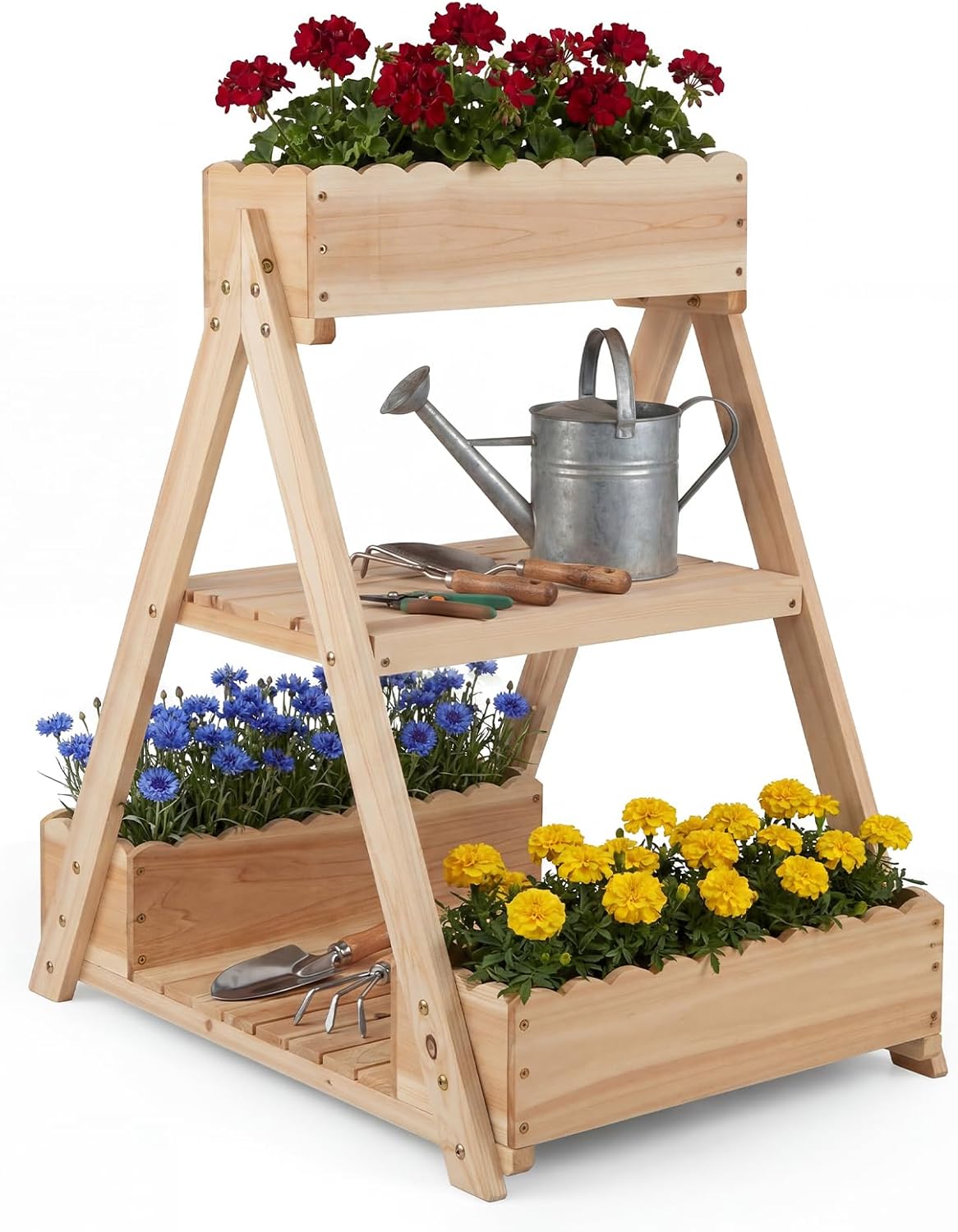 Podwyższona donica ogrodowa z drewna jodłowego, grządka ogrodowa nóżkami, 2 półki przechowywania, uprawy owoców warzyw, naturalnym, 81 x 58 x 89 cm