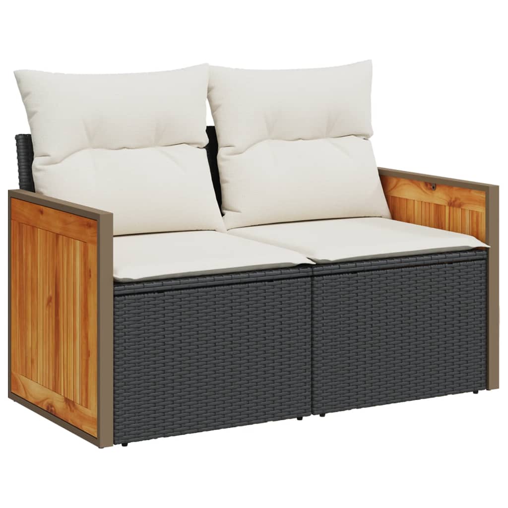 Sofa Ogrodowa 2-Osobowa Czarna z Kremowymi Poduszkami i Schowkiem