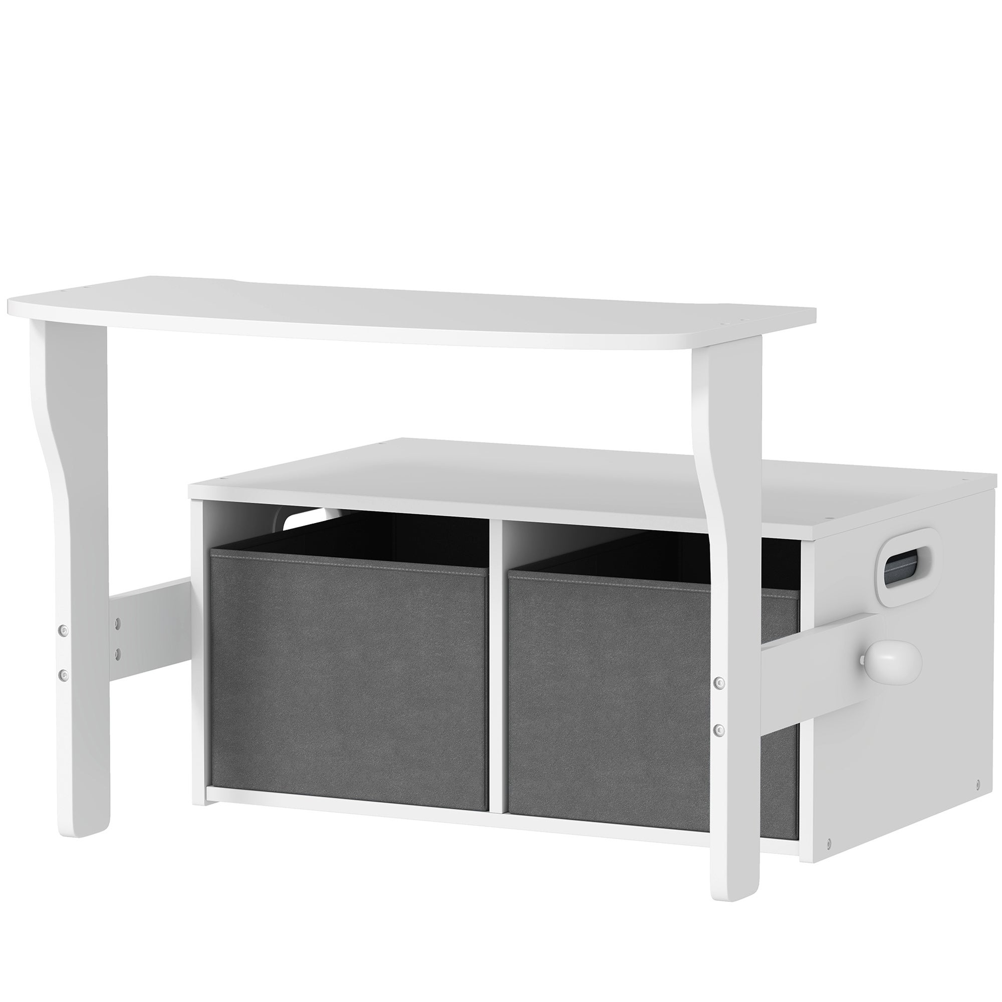 Zestaw 3 w 1 dla dzieci: skrzynia na zabawki, stół i krzesła z 2 wyjmowanymi pojemnikami z materiału, 67,5 x 46,5 x 56,7 cm, kolor biały