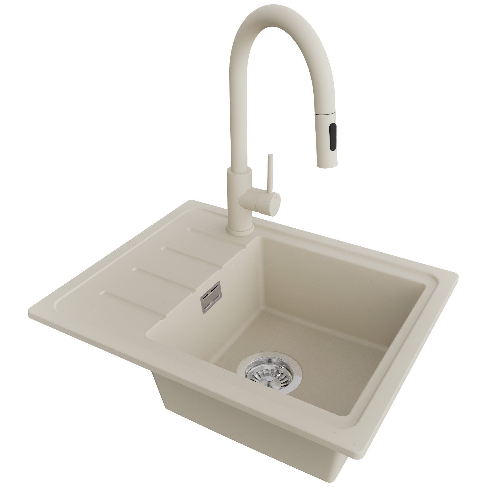 Zlewozmywak Granitowy Beżowy 55x44cm, Zlew Kuchenny 1 Komorowy + Bateria 40x20cm + Syfon, Nablatowy do szafki od 45cm - Kopenhaga Easy PRIMAGRAN