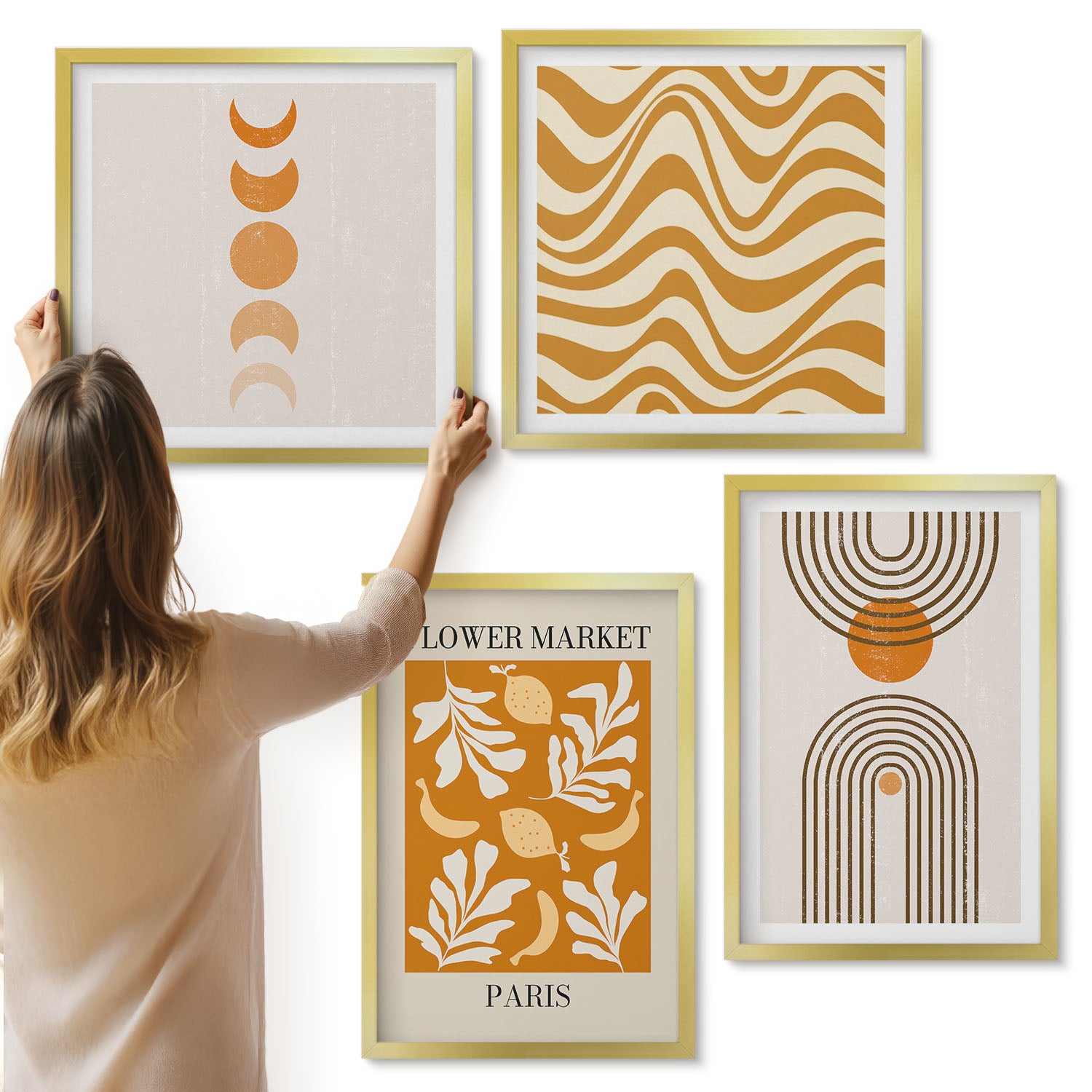 Galeria ścienna 4-częściowy komplet obrazów w złotych ramach - Wzory roślinne i geometryczne modne postery - ArtPrintCave