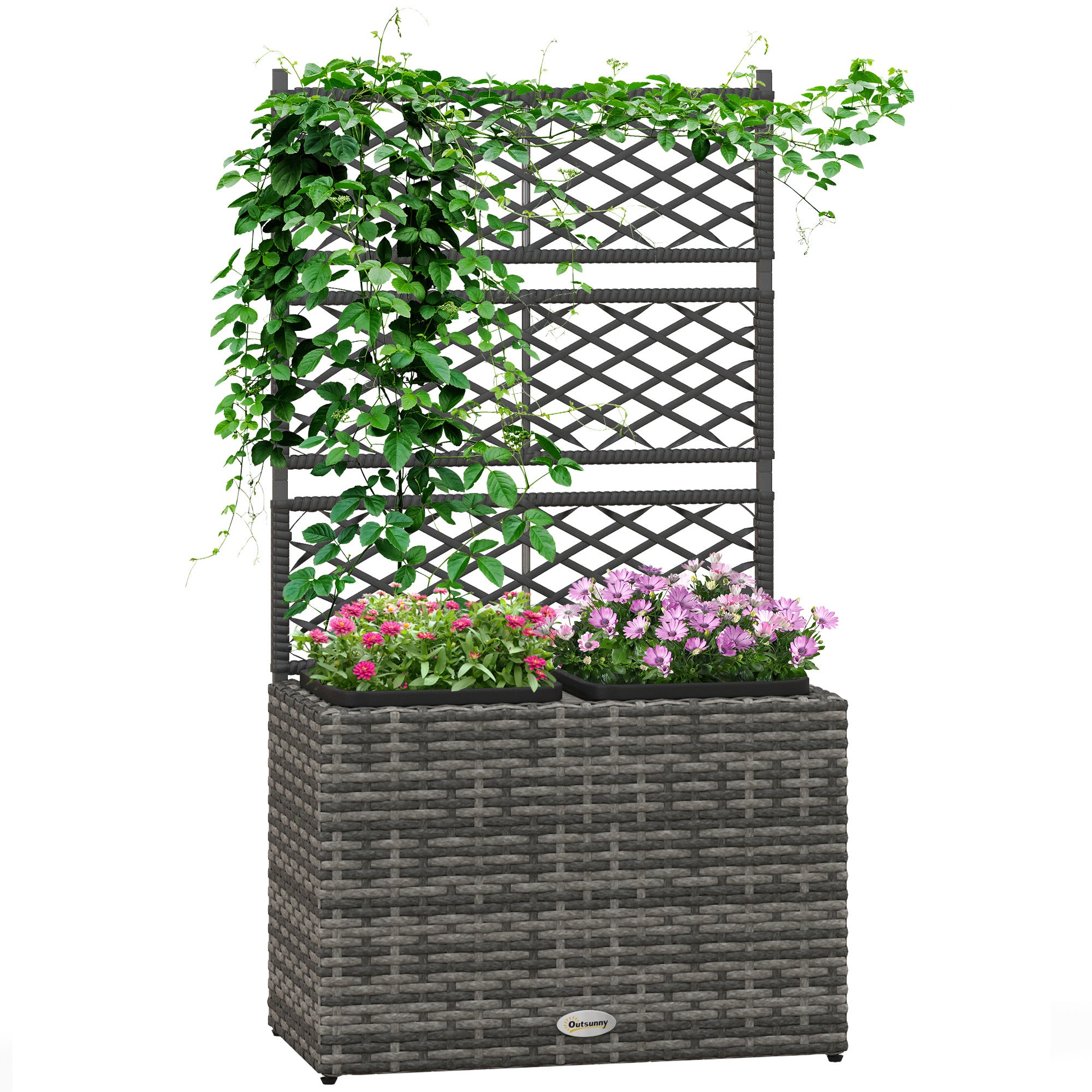 Donica rattanowa 22 l z kratką, wolnostojące podwyższone grządki ogrodowe z dwoma skrzynkami na rośliny, 57 x 30 x 107 cm, kolor mieszany szary