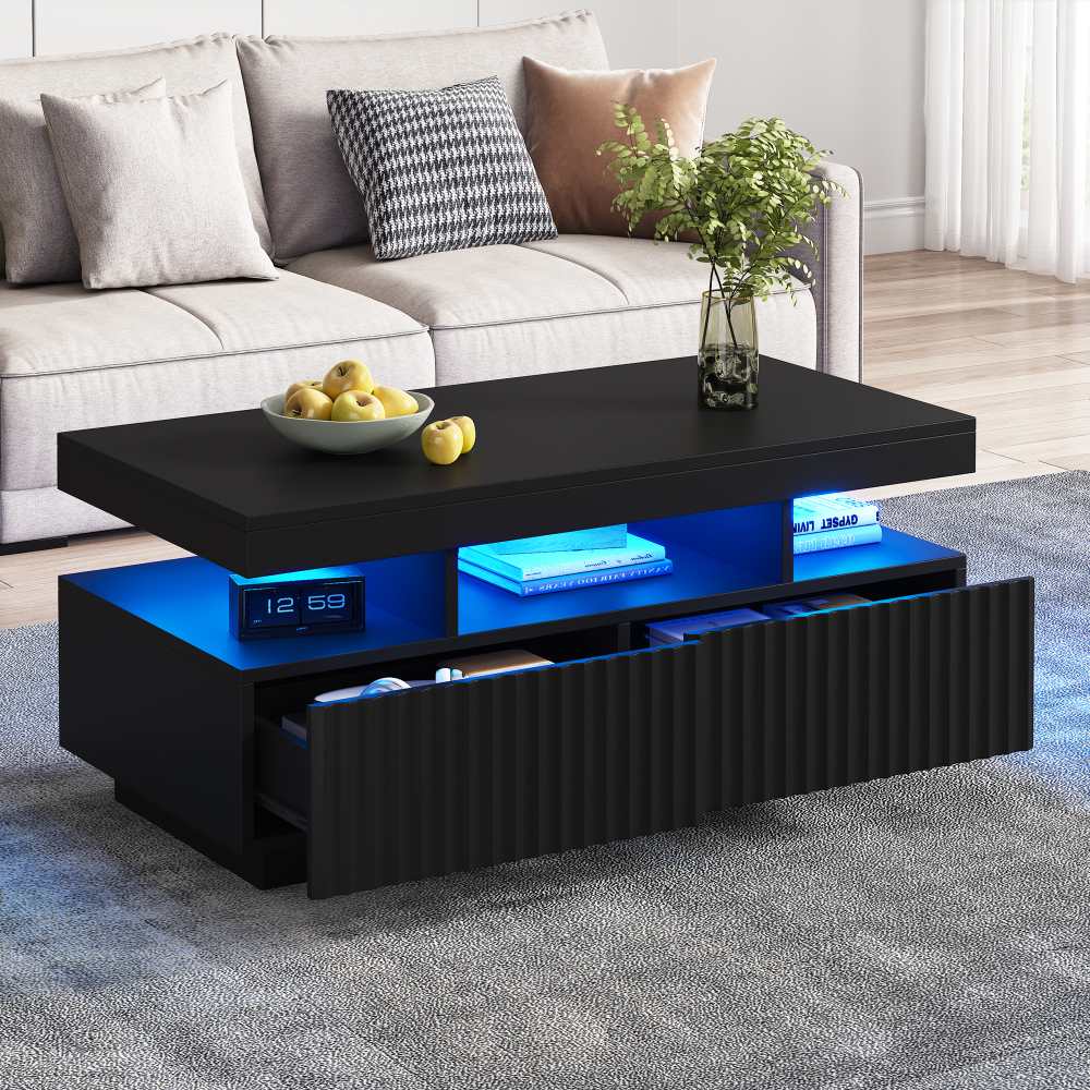 Stolik kawowy 100x50x45 cm, czarny, 2 szuflady w paski, oświetlenie LED, ażurowa półka – do przechowywania, nastrojowy, do salonu/styl skandynawski