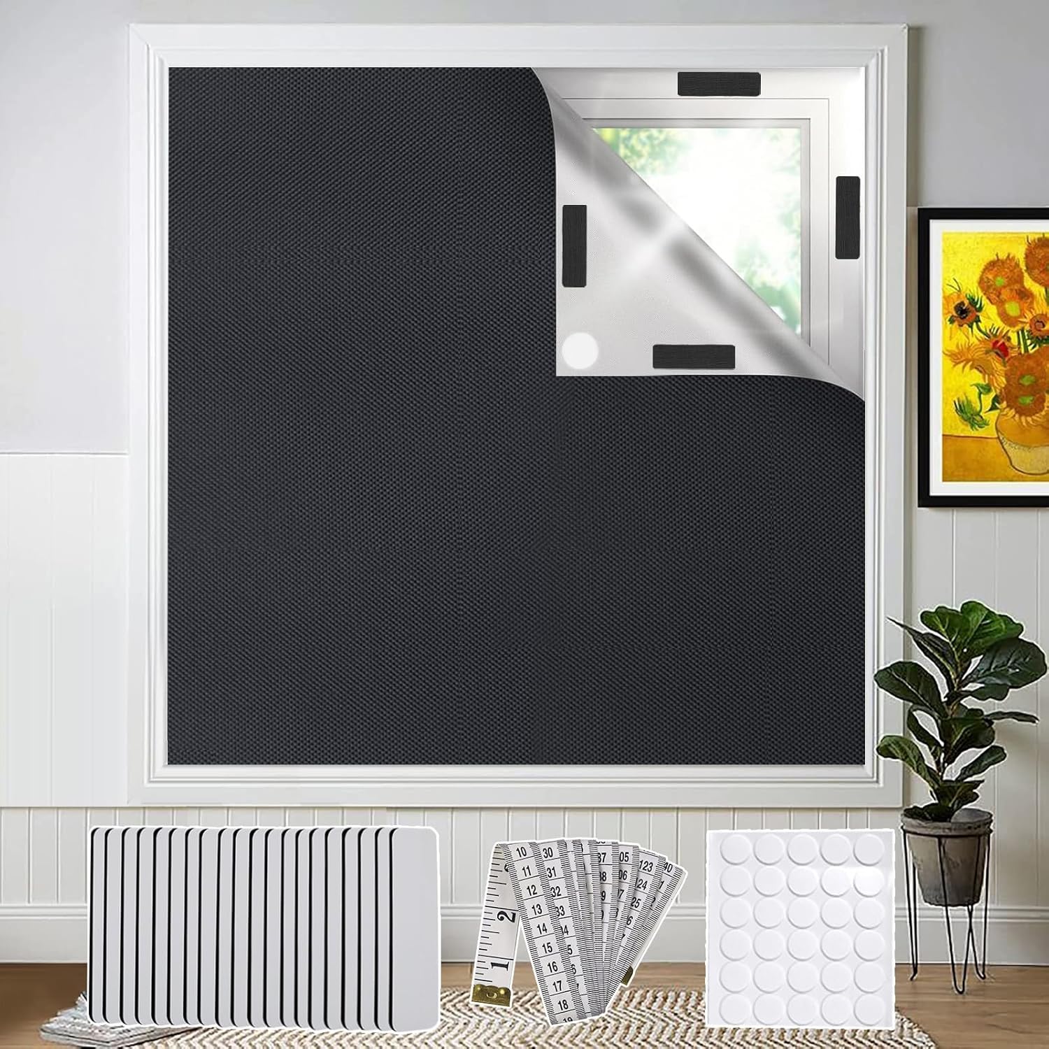 Zasłona zaciemniająca do świetlika, 150 x 100 cm, nie wymaga wiercenia, dostarczana z 10 odpinanymi paskami klejącymi i 30 okrągłymi kropkami klejący