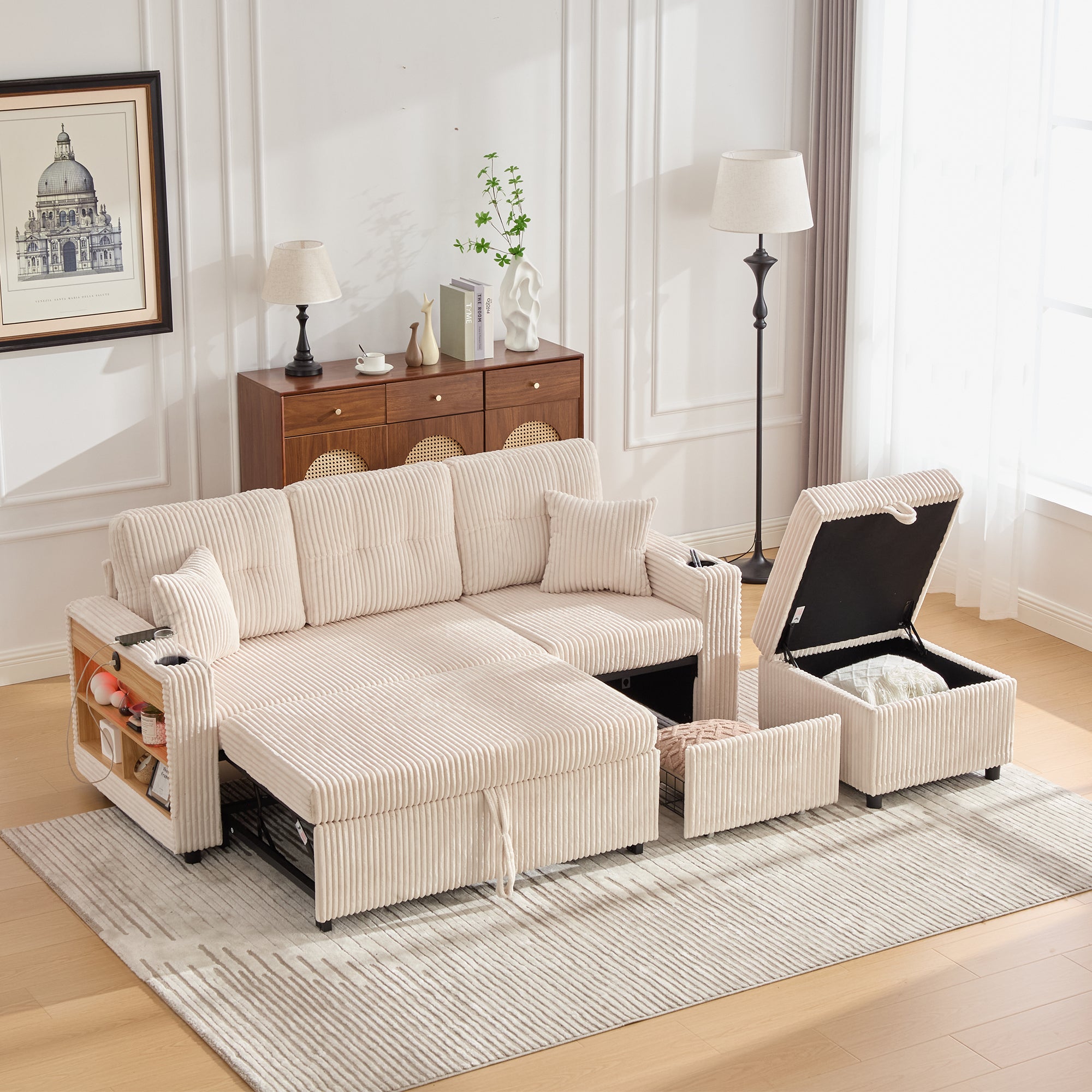 Rozkładana Sofa Sztruksowa ze Schowkiem, Portem USB-C i Oświetleniem LED do Salonu