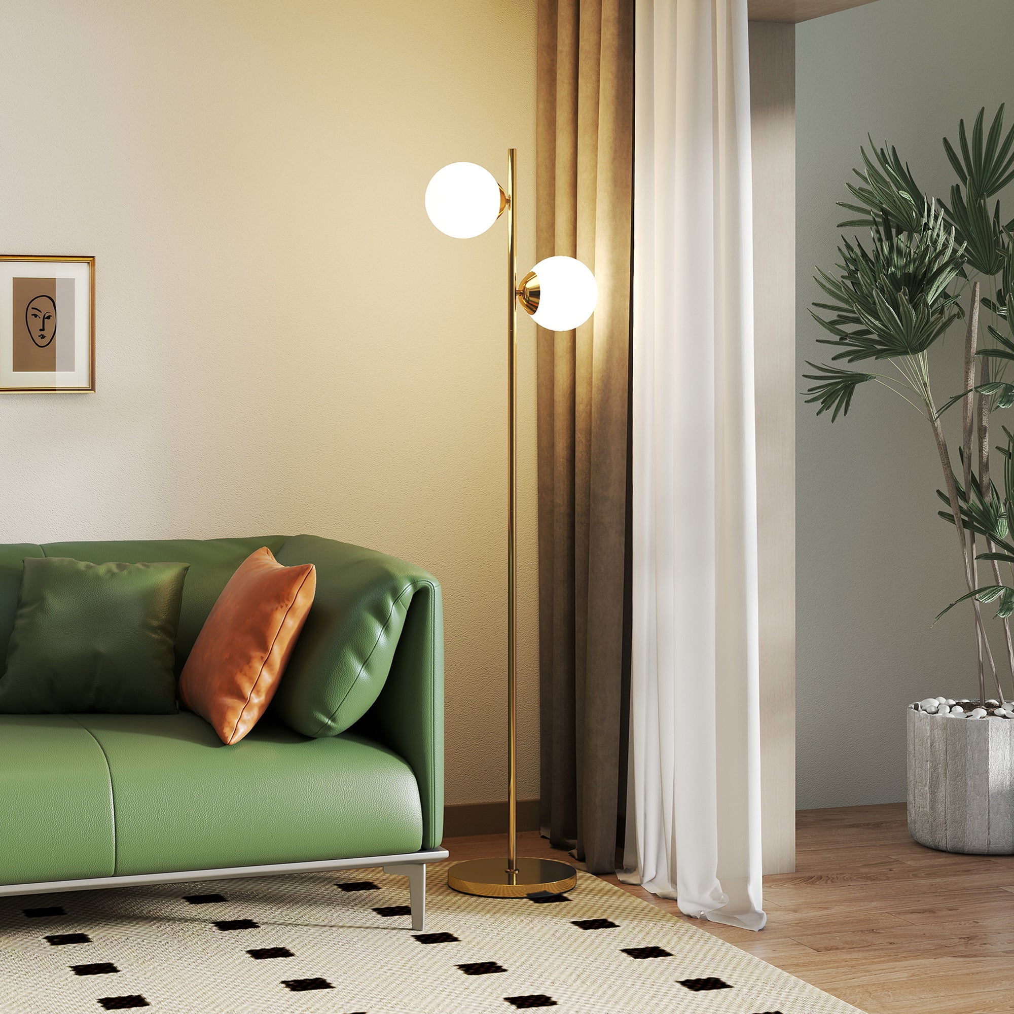 Lampa podłogowa z 2 światłami i kloszami w kształcie kuli, przełącznikiem nożnym i gniazdem E27, Ø28 x 165 cm, kolor złoty
