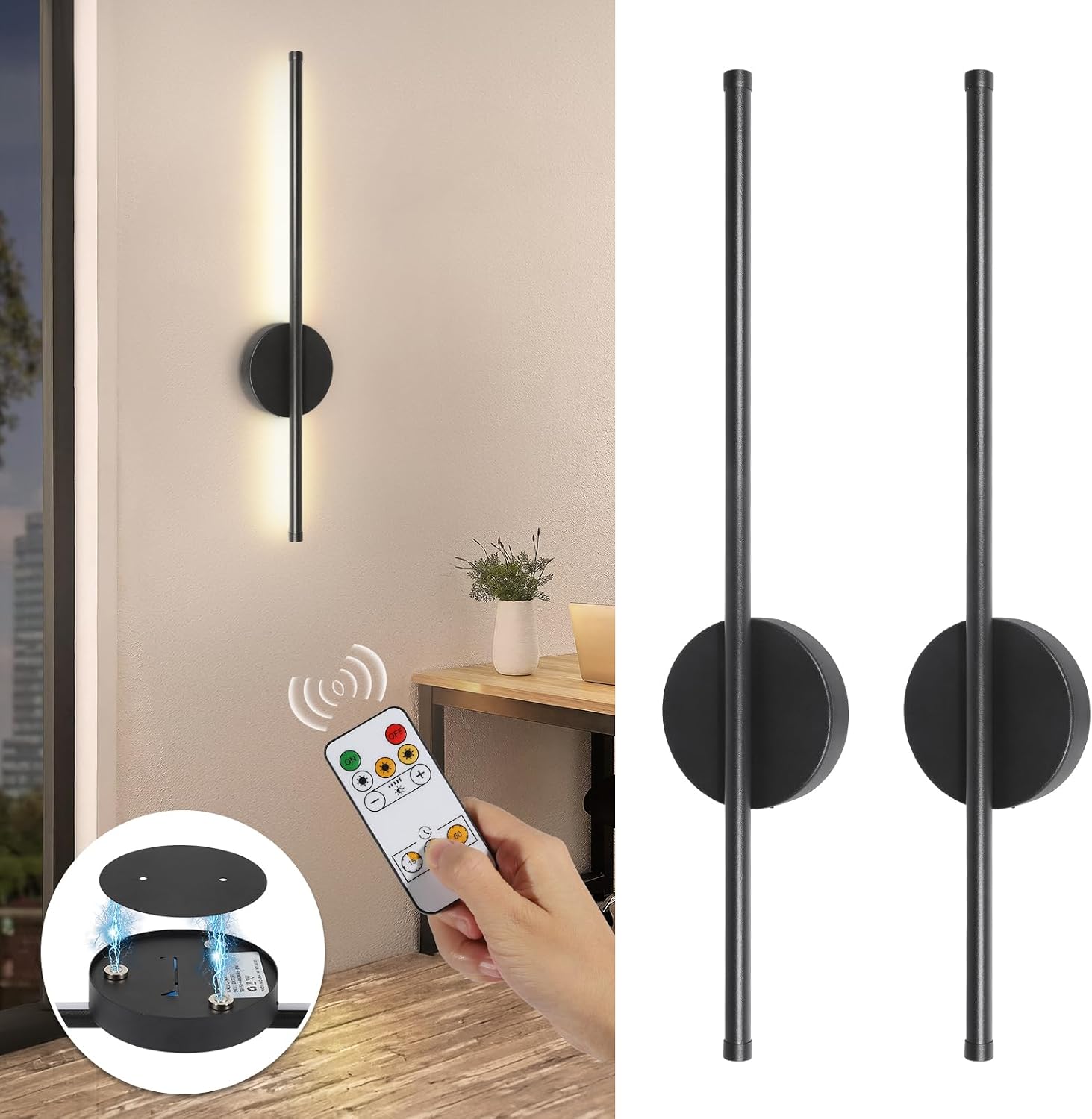 Bezprzewodowa metalowa lampa ścienna 5 W (zestaw 2 szt.), 50 cm, ładowana przez USB, regulacja jasności i barwy (3 odcienie) [Przycisk + Pilot]