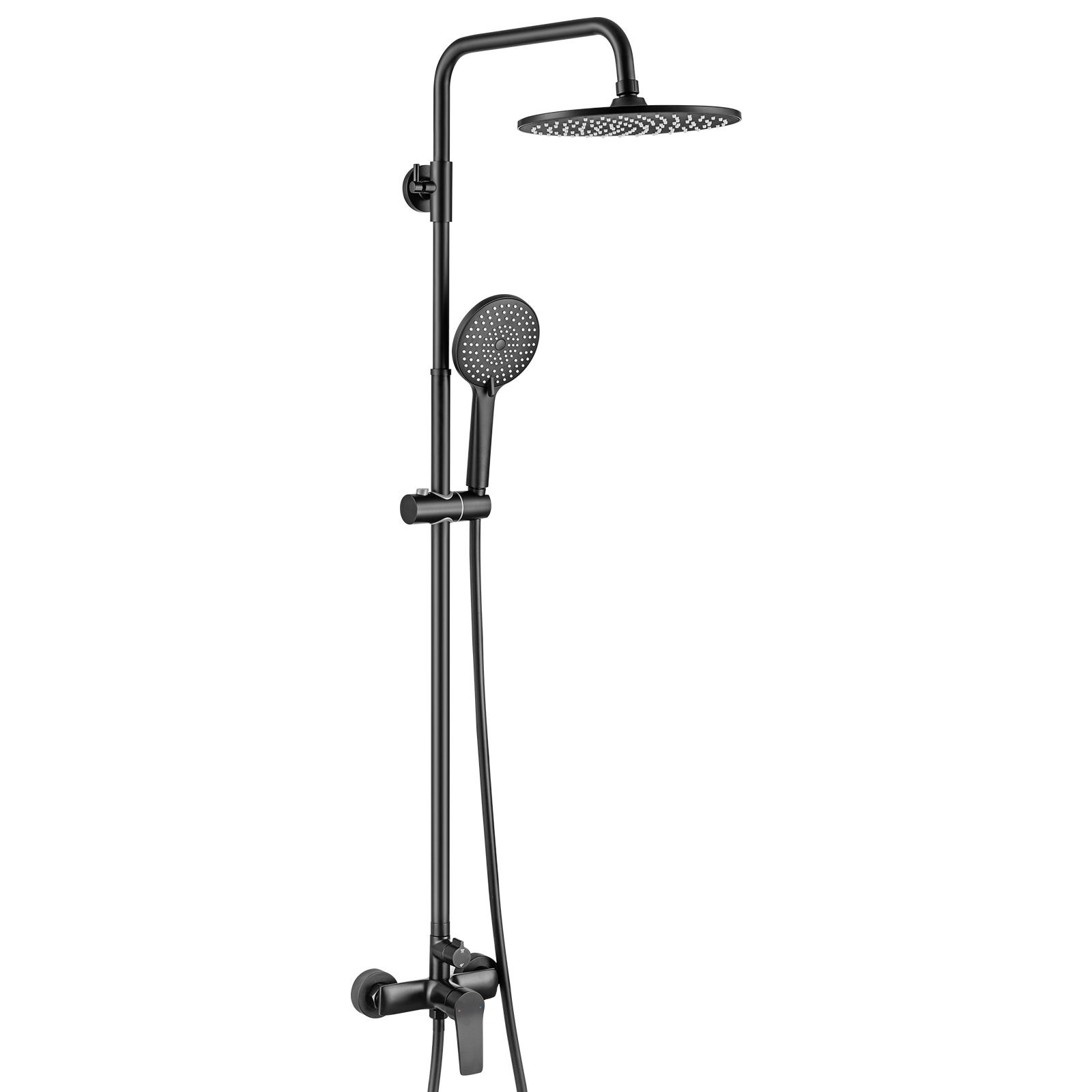 Czarna kolumna prysznicowa z mosiężną baterią prysznicową, regulator wysokości 930-1300 mm, system prysznicowy z okrągłą deszczownicą lub głowicą 25
