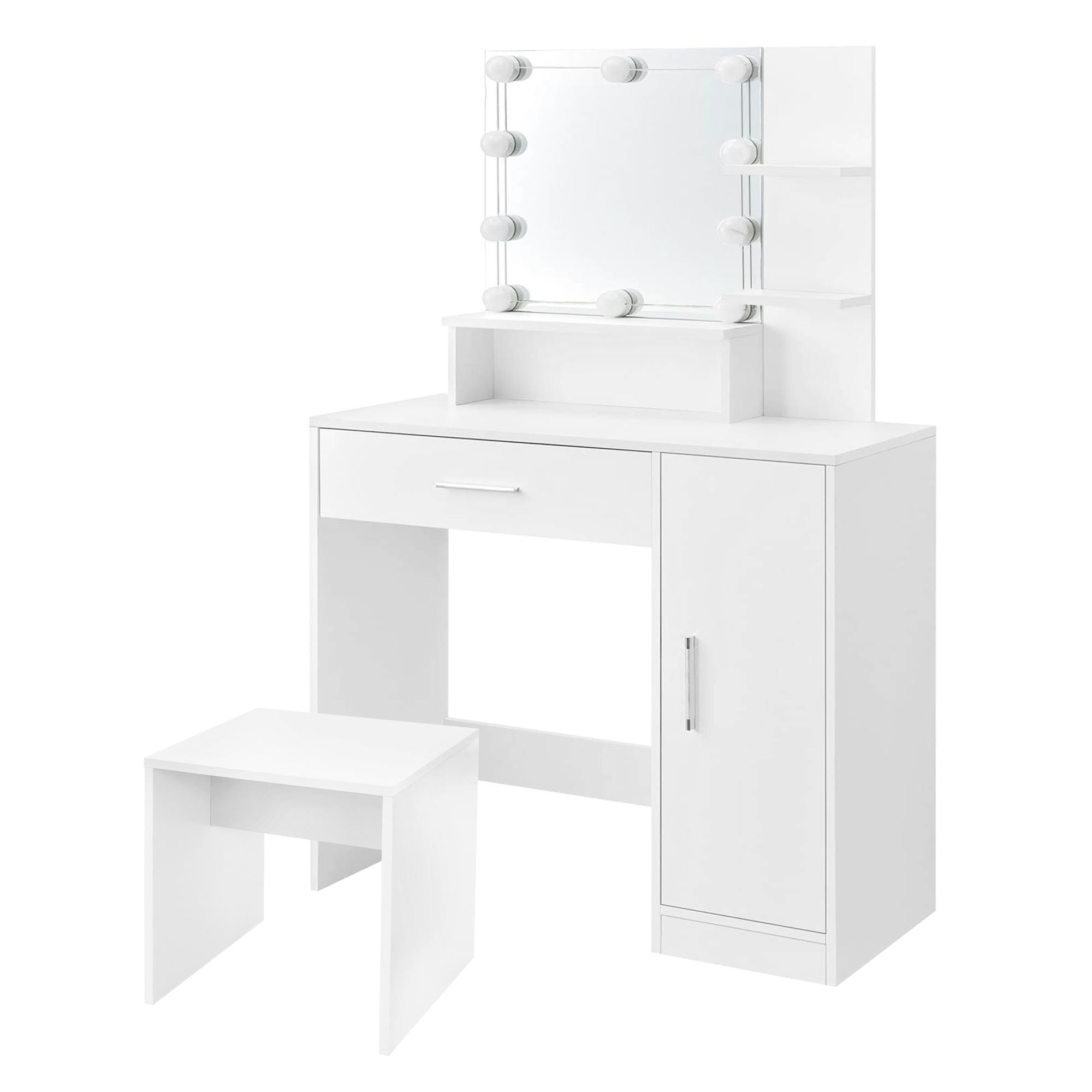 Biała toaletka ze stołkiem, oświetleniem LED, lustrem, szufladą i schowkami, 90 x 38 x 137 cm, mebel do makijażu, toaletka