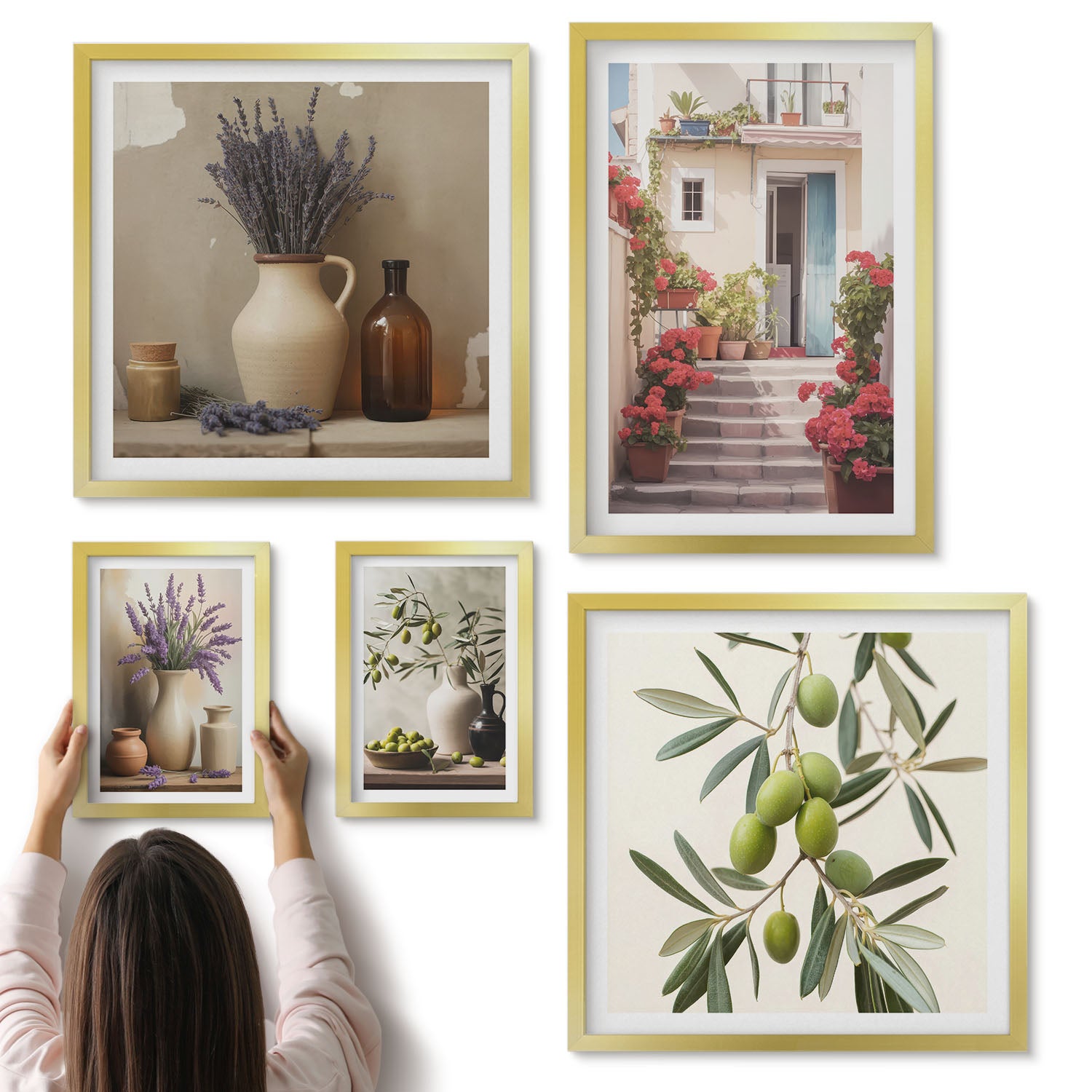 Galeria ścienna 5-częściowy komplet obrazów w złotych ramach - Stylowe wnętrza z kwiatami i owocami w rustykalnym klimacie - ArtPrintCave