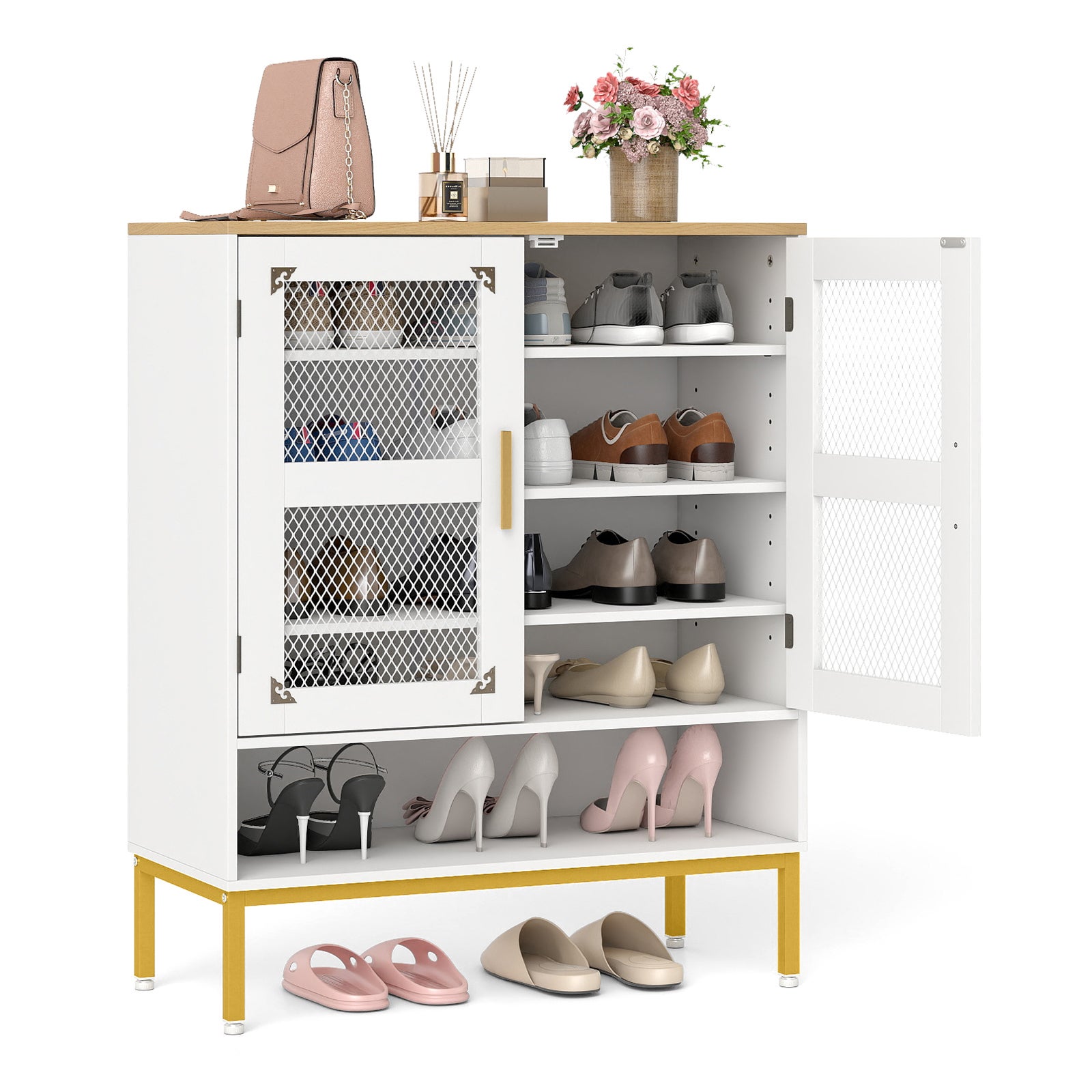Szafka na buty na 5 poziomów z drzwiami z siatki, nowoczesny mebel do przechowywania z drewna z regulowanymi półkami, 70 x 35 x 93 cm, biały