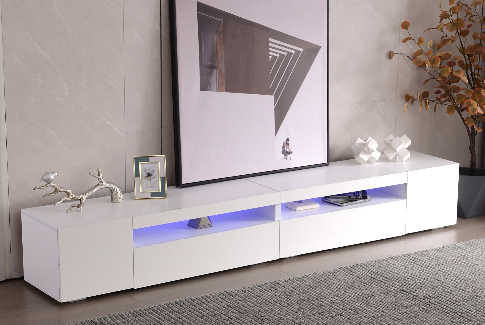 Szafa TV nowoczesna biała, LED zmienna, 240cm, MDF, salon