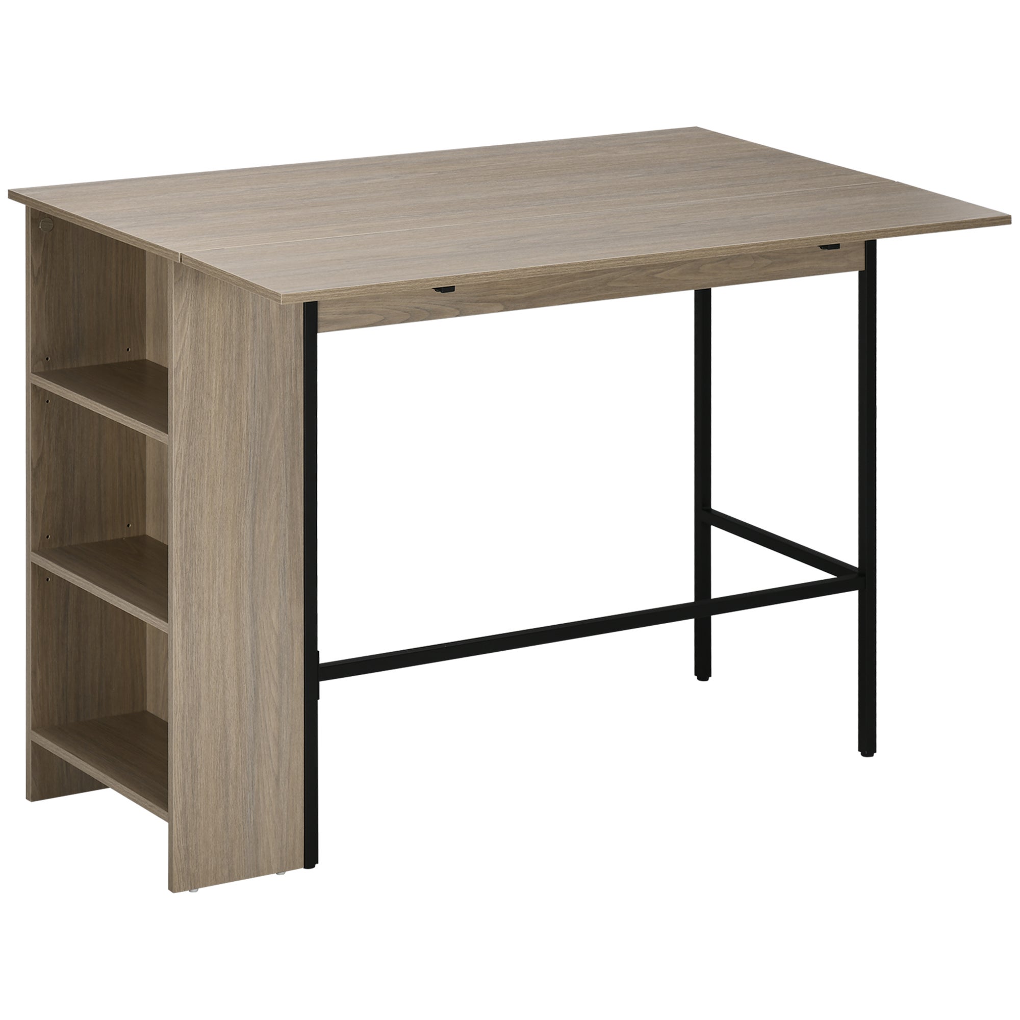 Centralny stolik barowy z wyspą, składanym panelem bocznym i 3 półkami, 120 x 76 x 91,4 cm, jasnoszary