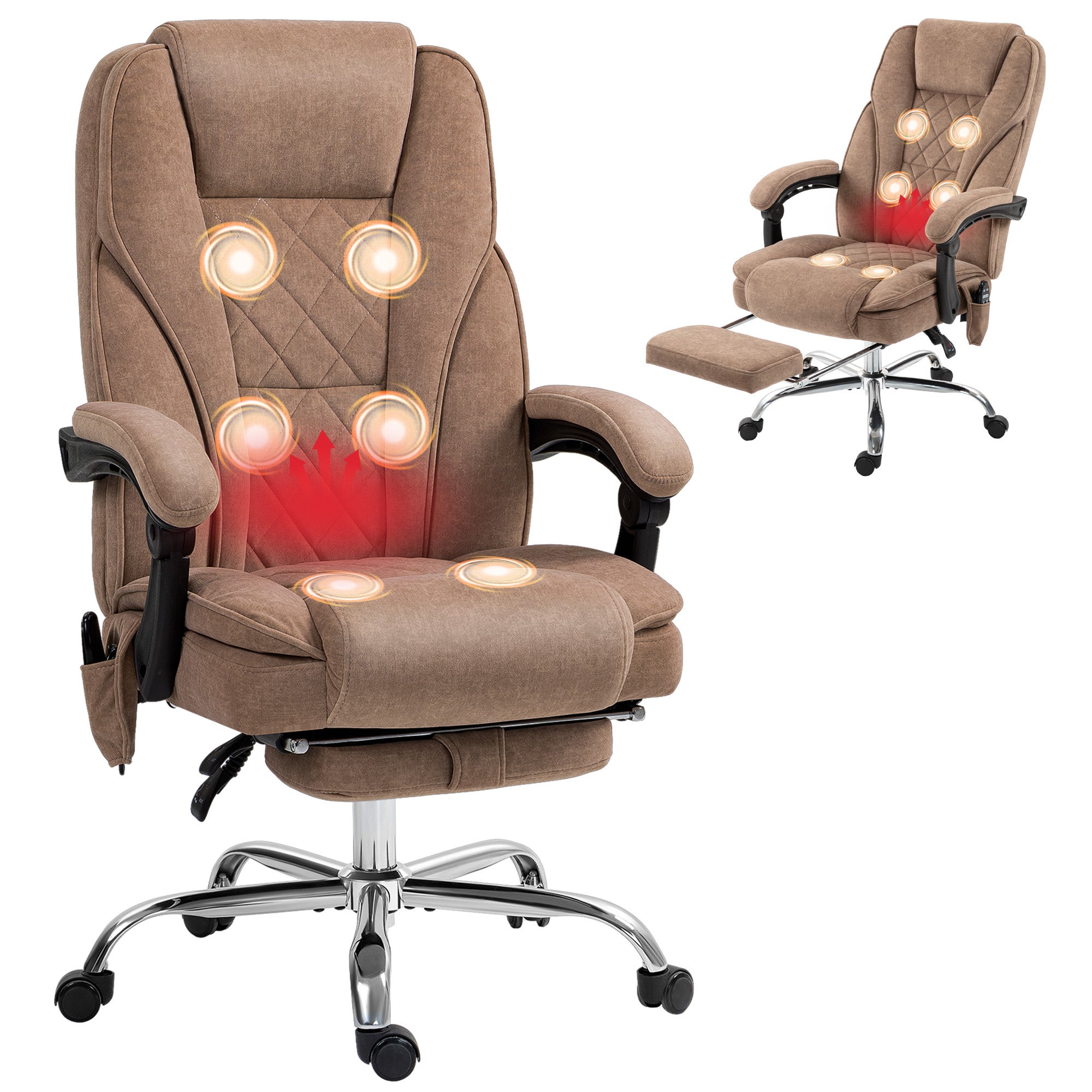 Ergonomiczny fotel biurowy z funkcją masażu, podnóżkiem, obrotowy, kółka, brązowy