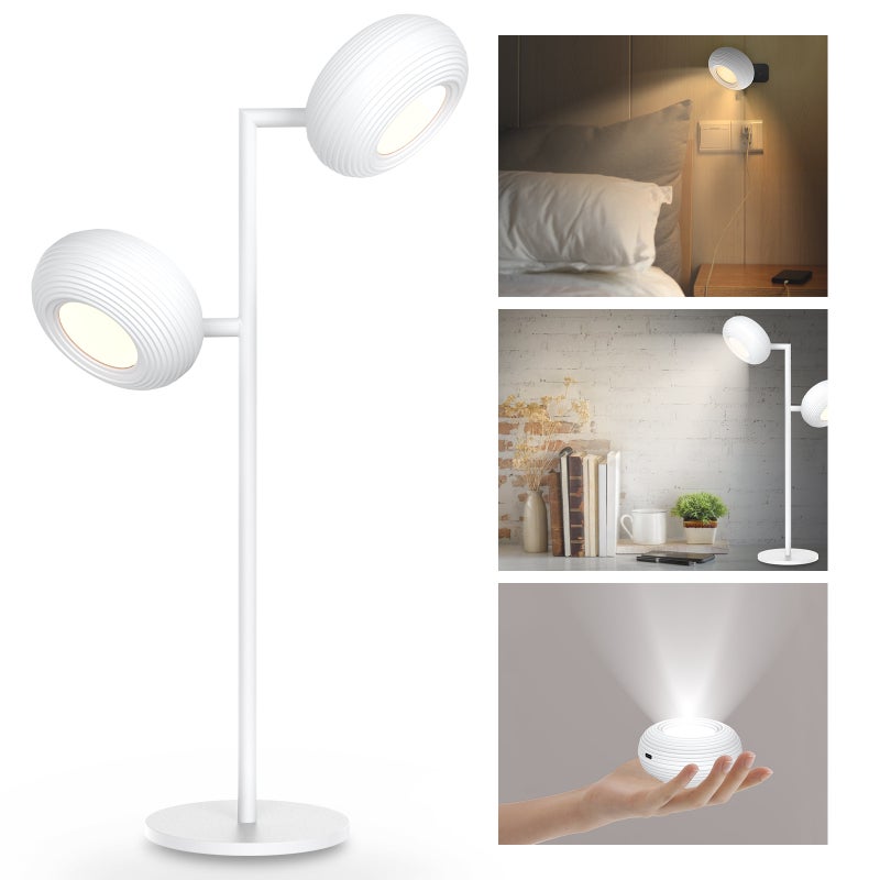 Magnetyczna lampa stołowa z podwójną głowicą, metalowa tekstura - dotykowa, ściemnialna, 3 temperatury, 2000mAh, obrotowa 360° - biała