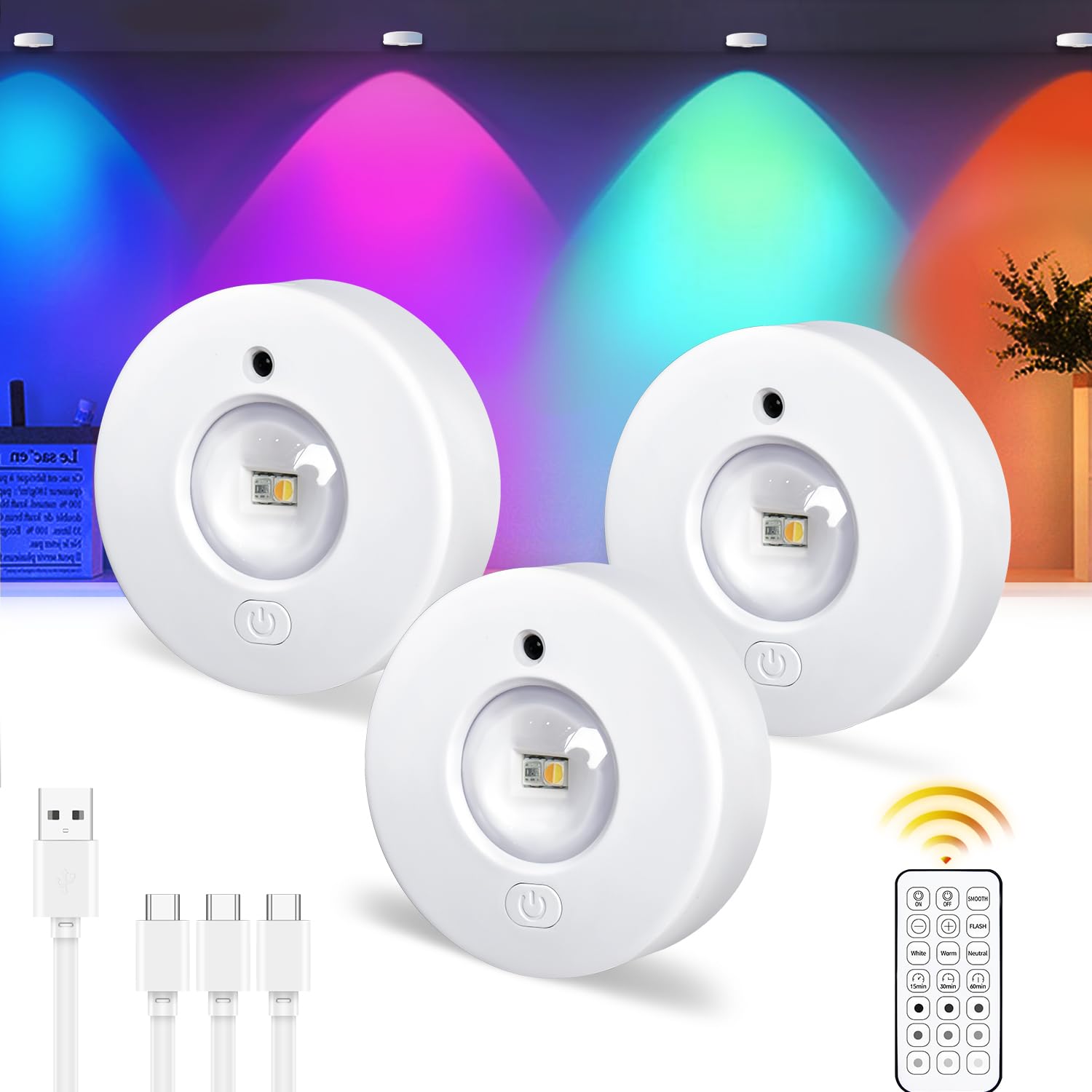 Oświetlenie szafkowe 3-częściowe, oświetlenie ładowane przez USB, zdalnie sterowane oświetlenie hokejowe, trójkolorowe światło + RGB