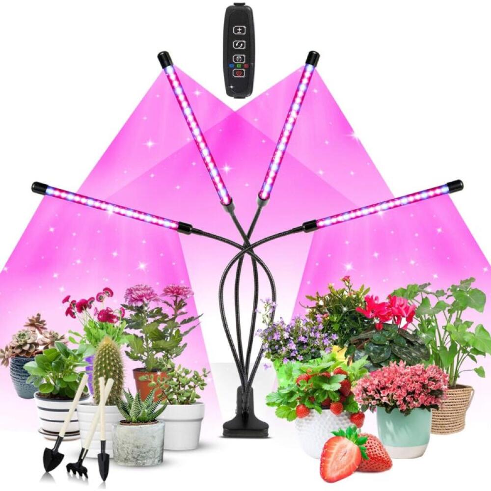 4-głowicowa lampa LED do uprawy roślin, 80 diod LED, pełne spektrum, z automatycznym timerem włączania/wyłączania.