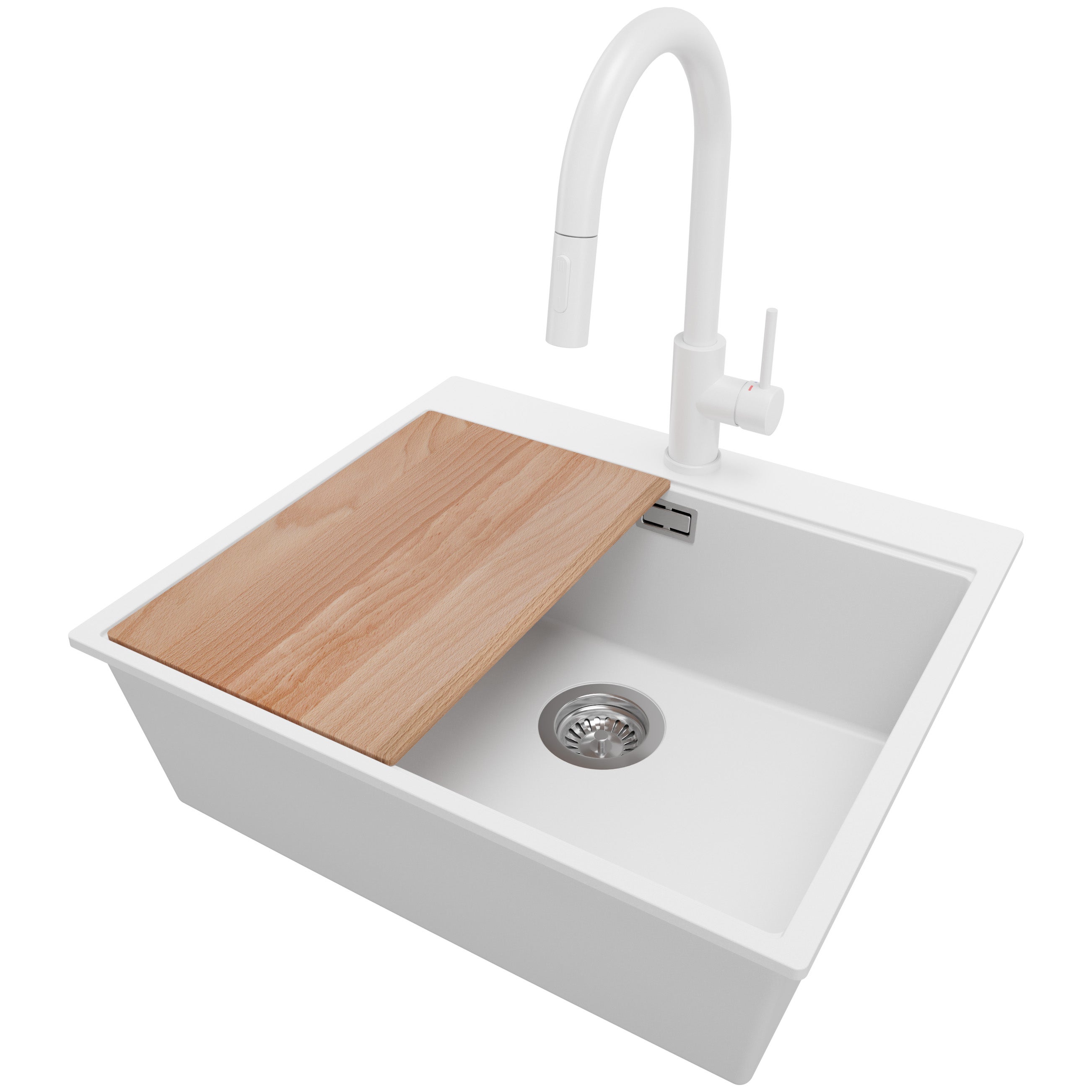 Zlewozmywak Granitowy Biały 58x50cm, Zlew Kuchenny 1 Komorowy + Bateria 40x20cm + Syfon + Deska, Nablatowy do szafki od 60cm - Oslo PRIMAGRAN