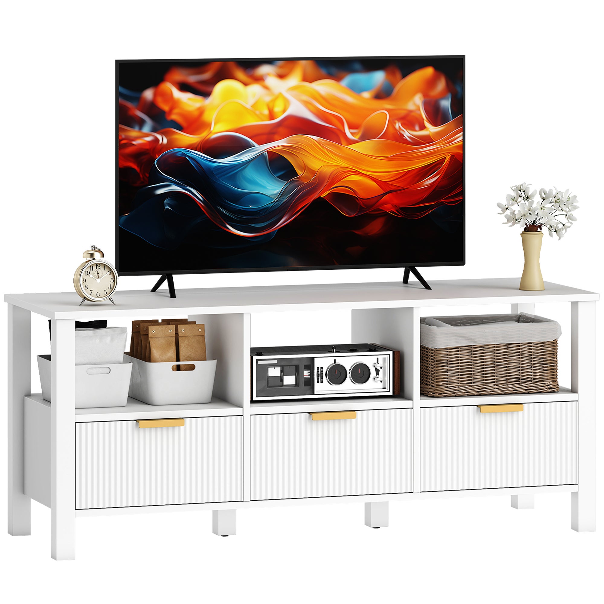 Nowoczesna szafka RTV z 3 szufladami i 3 otwartymi półkami do telewizorów 43-55 cali, 120x39,5x50 cm, biała
