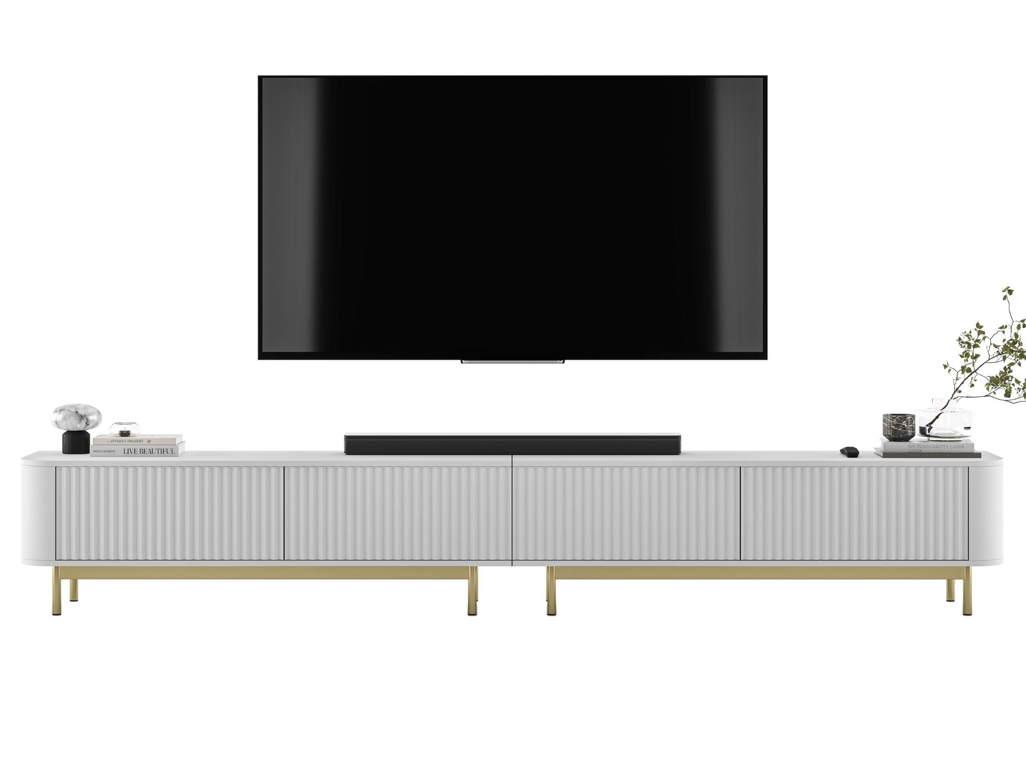 Komoda RTV Glamour 280 cm biały mat, ryflowane fronty, złoty metalowy stelaż do salonu