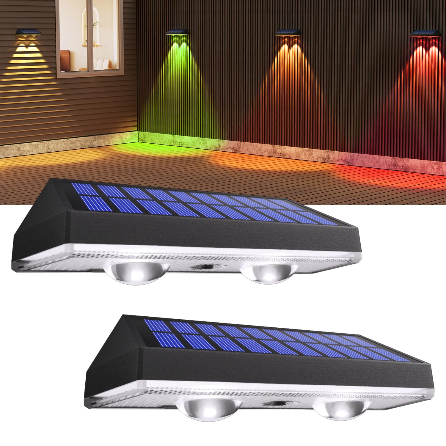 Zestaw 2 zasilanych energią słoneczną ogrodowych lamp ogrodzeniowych, wodoodporne zewnętrzne słoneczne lampy ścienne RGB, 8 trybów kolorów na tarasy