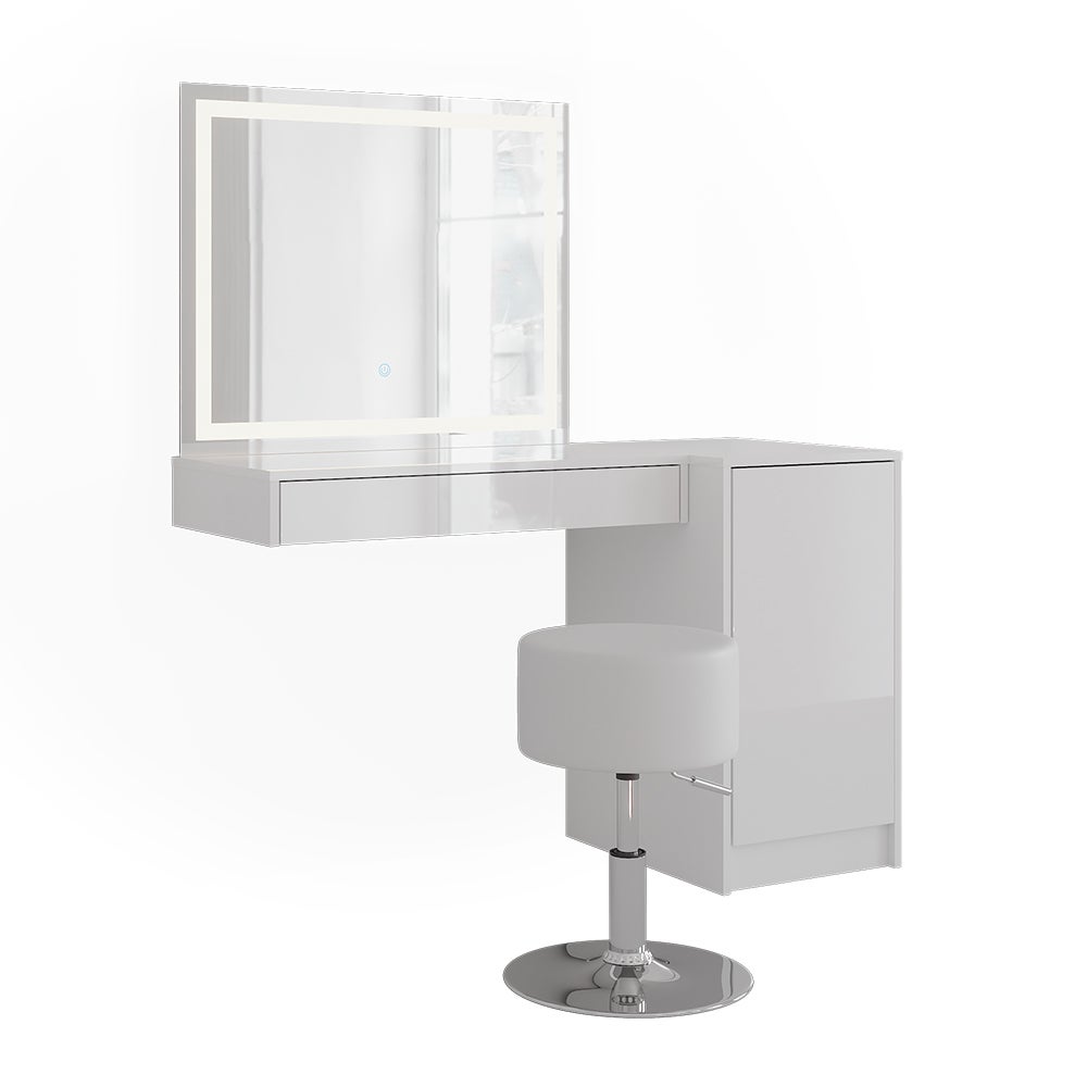 Vicco Stół do toalety Sherry, Biały/Biały wysoki połysk, 120.2 cm z lustrem LED, taboretem i modułem z drzwiami
