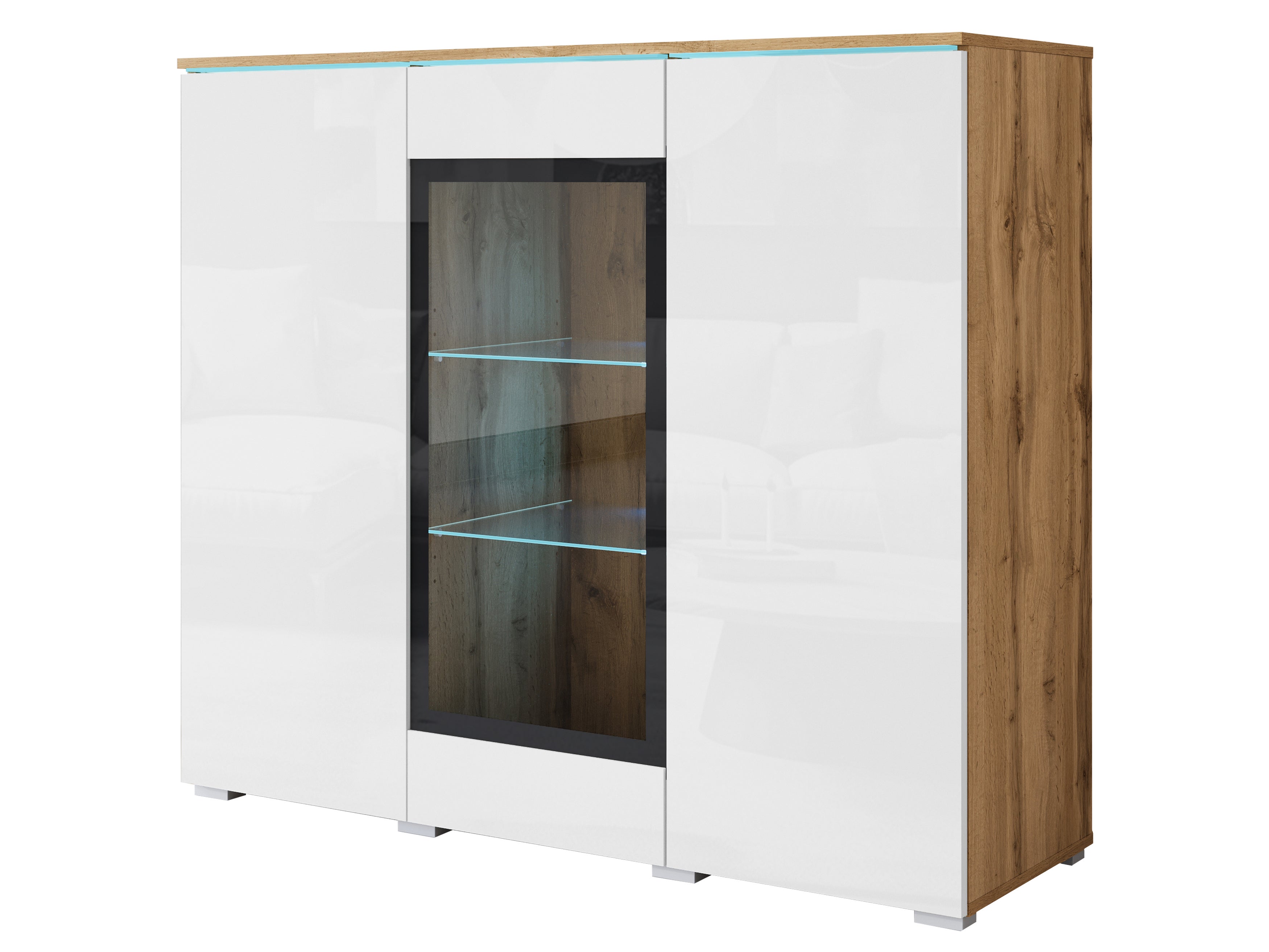 Komoda z przeszkleniem VEVE 120 cm , w kolorze dąb wotan/biały połysk z LED