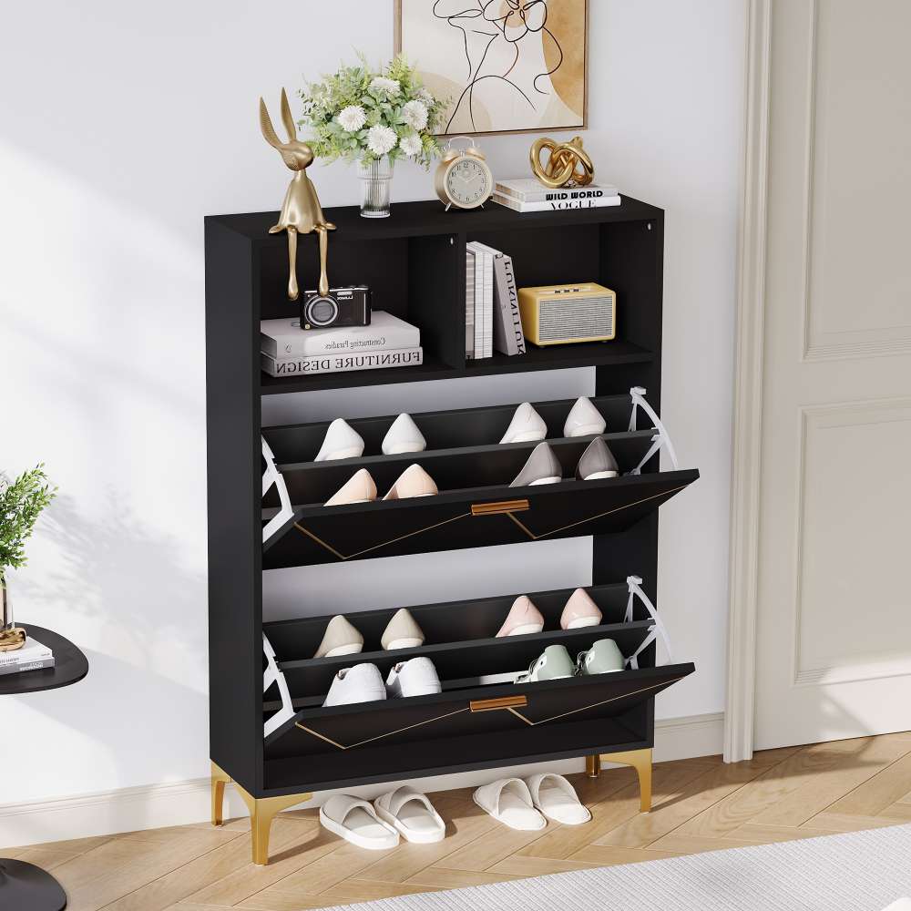Szafka na buty z 3 drzwiami uchylnymi, 6 przegródkami, regulowana, zabezpieczona przed przewróceniem, wąska, biała, 80×23,5×123,5 cm
