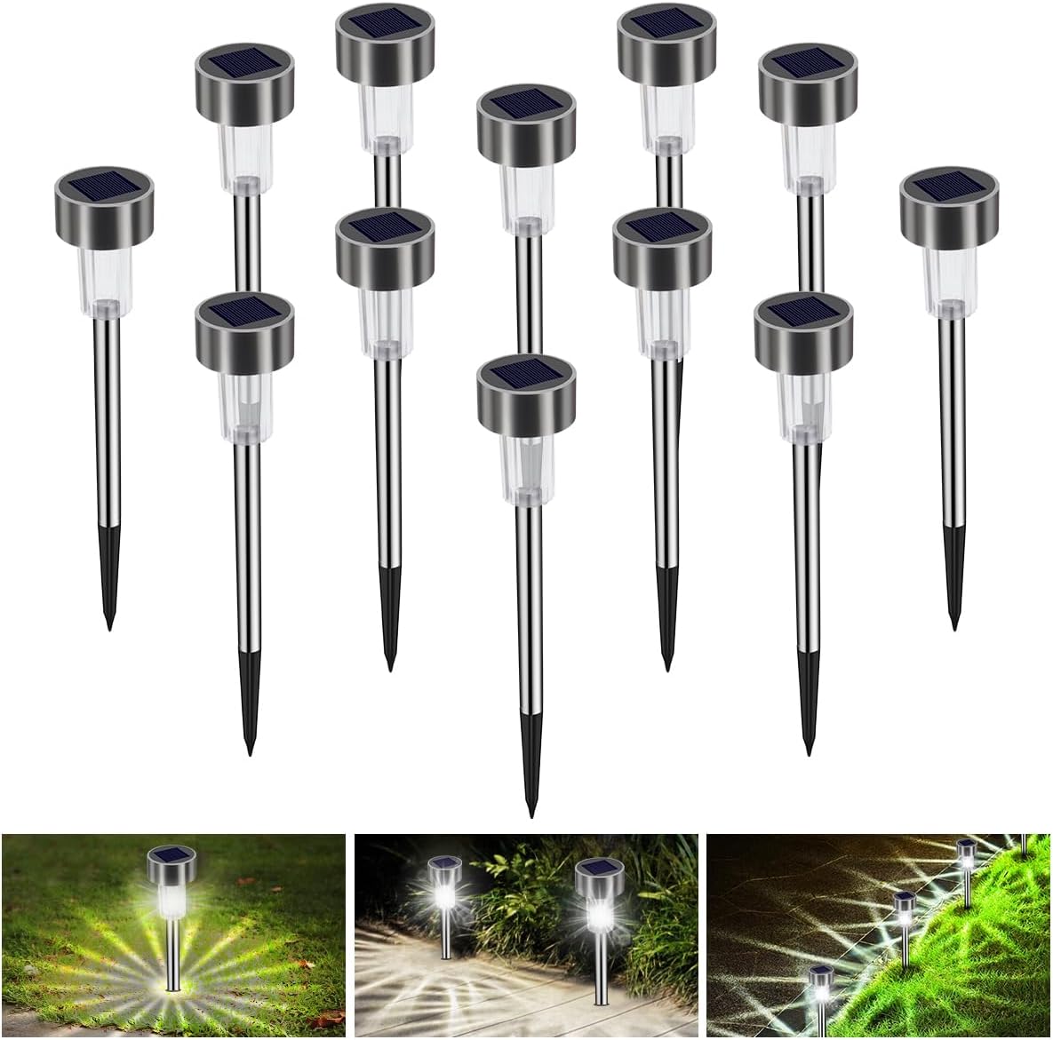 12 szt. zewnętrznych lamp ogrodowych zasilanych energią słoneczną, wodoodporne lampy podłogowe LED IP65, dekoracyjne oświetlenie zewnętrzne zasilane