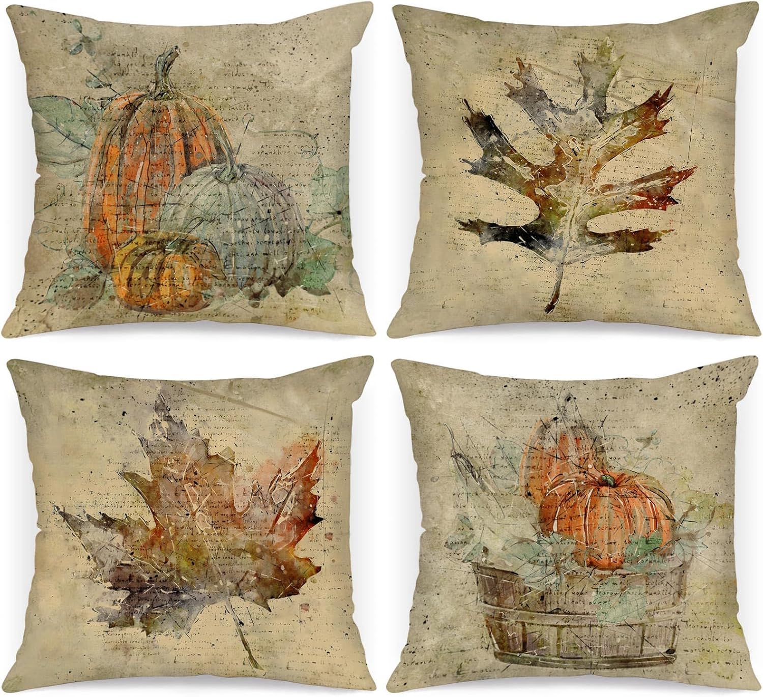 Zestaw 4 poszewek na poduszki dekoracyjne Jesień 45x45 cm, Akwarela Dynia Liść klonu Poszewki na poduszki 45 x 45 cm