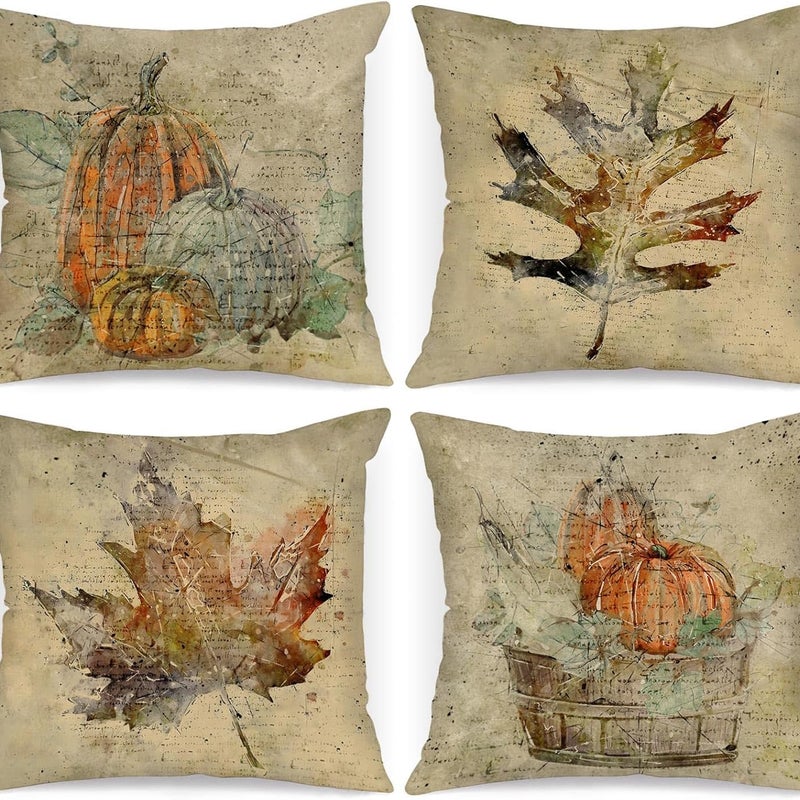 Zestaw 4 poszewek na poduszki dekoracyjne Jesień 45x45 cm, Akwarela Dynia Liść klonu Poszewki na poduszki 45 x 45 cm
