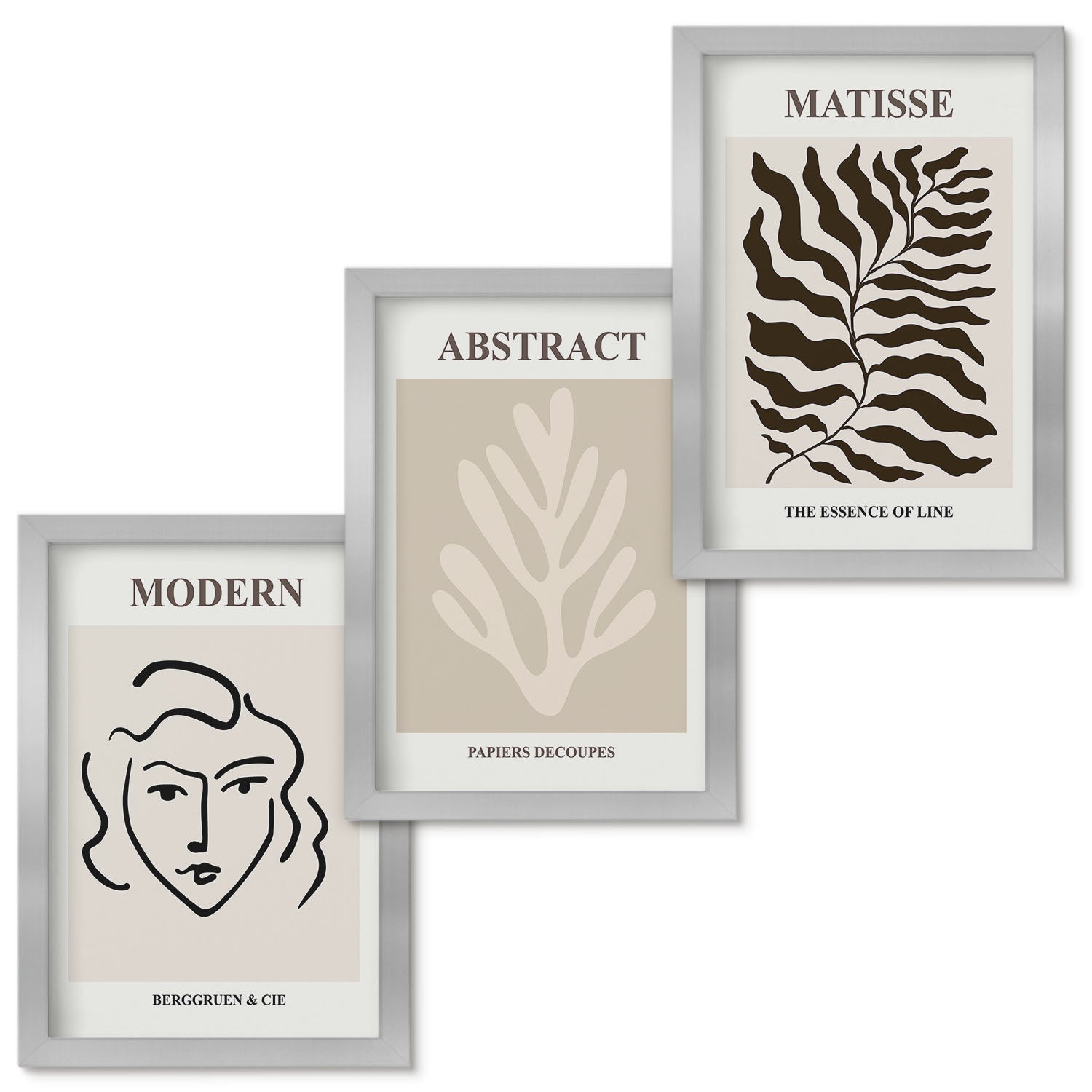 Zestaw obrazów w ramie - 3 części | Twarz i liście ilustracje grafiki Henri Matisse | Srebrna ramka