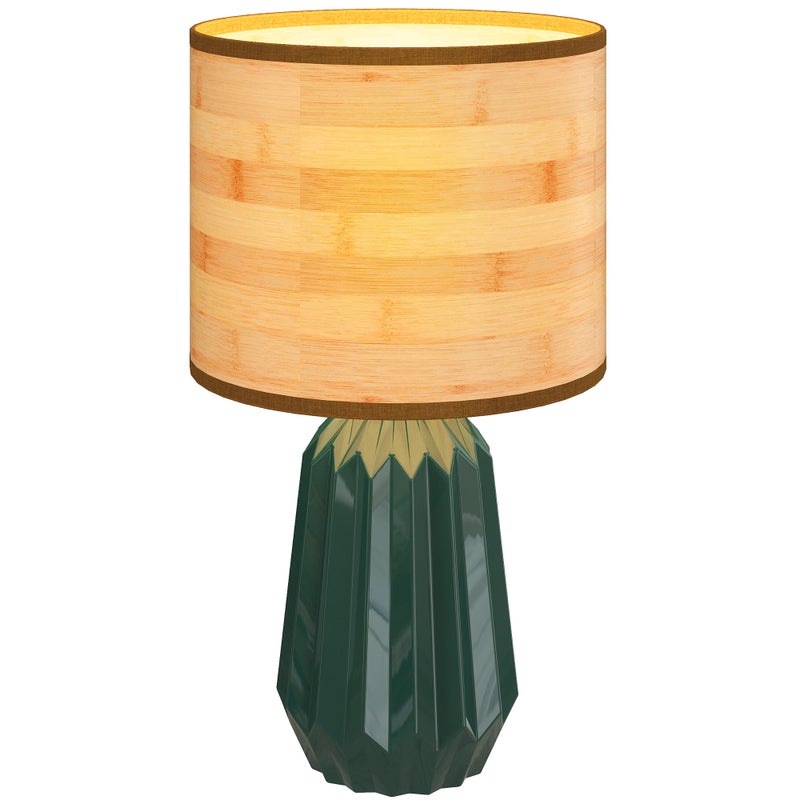 Lampa stołowa w stylu retro z ceramiczną podstawą i lnianym kloszem do sypialni, 40 W, kolor zielony i naturalne drewno