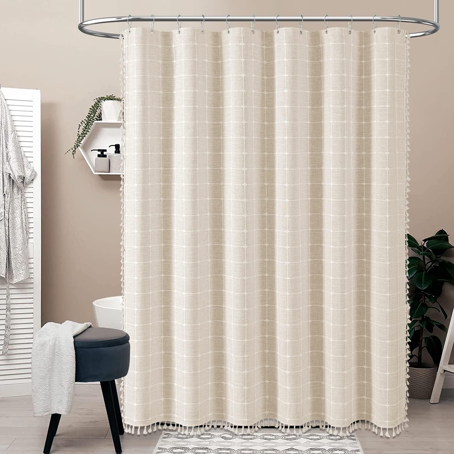 Zasłona prysznicowa w stylu boho z frędzlami, lniana, dekoracja łazienki, 92 x 183 cm (beżowa)