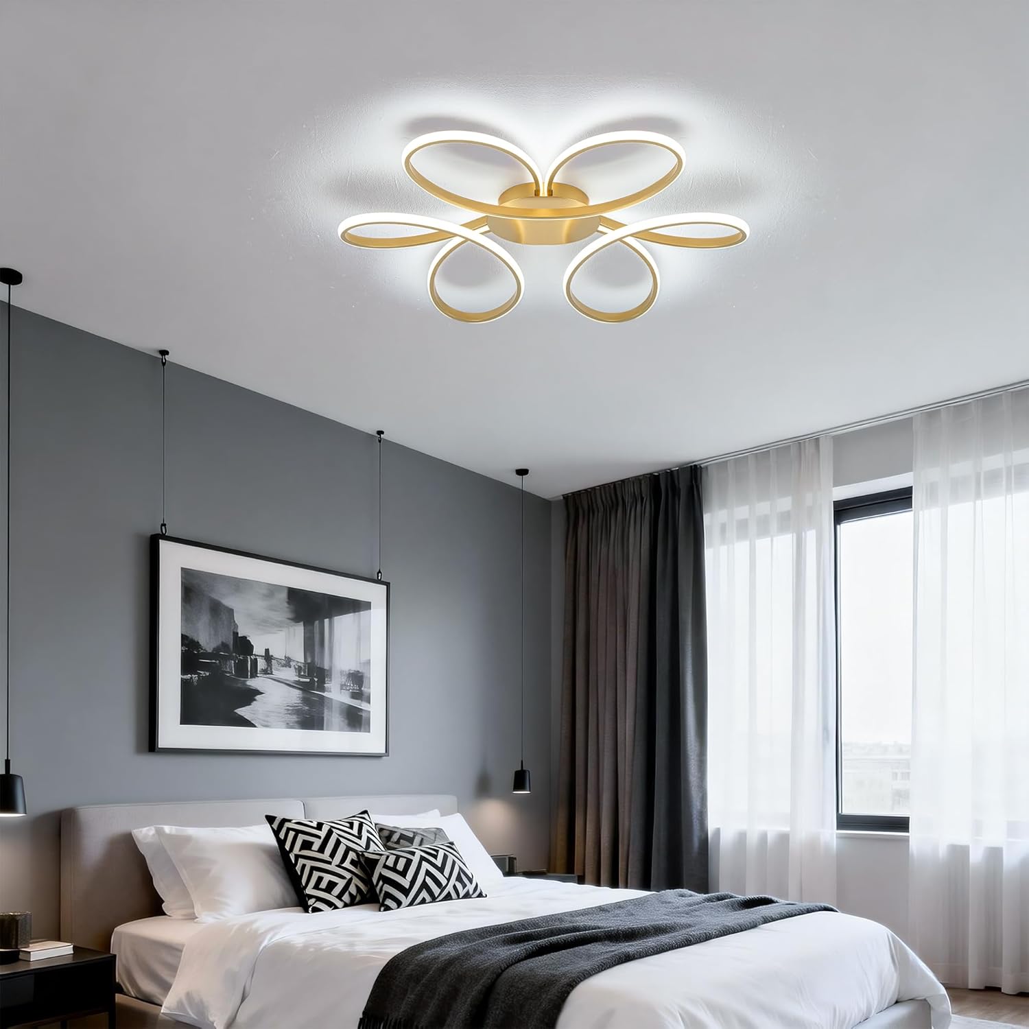 Nowoczesna lampa sufitowa LED — złota, ściemnialna lampa wpuszczana z regulowaną temperaturą barwową (3000 K – 6000 K); jasne oświetlenie sufitowe od