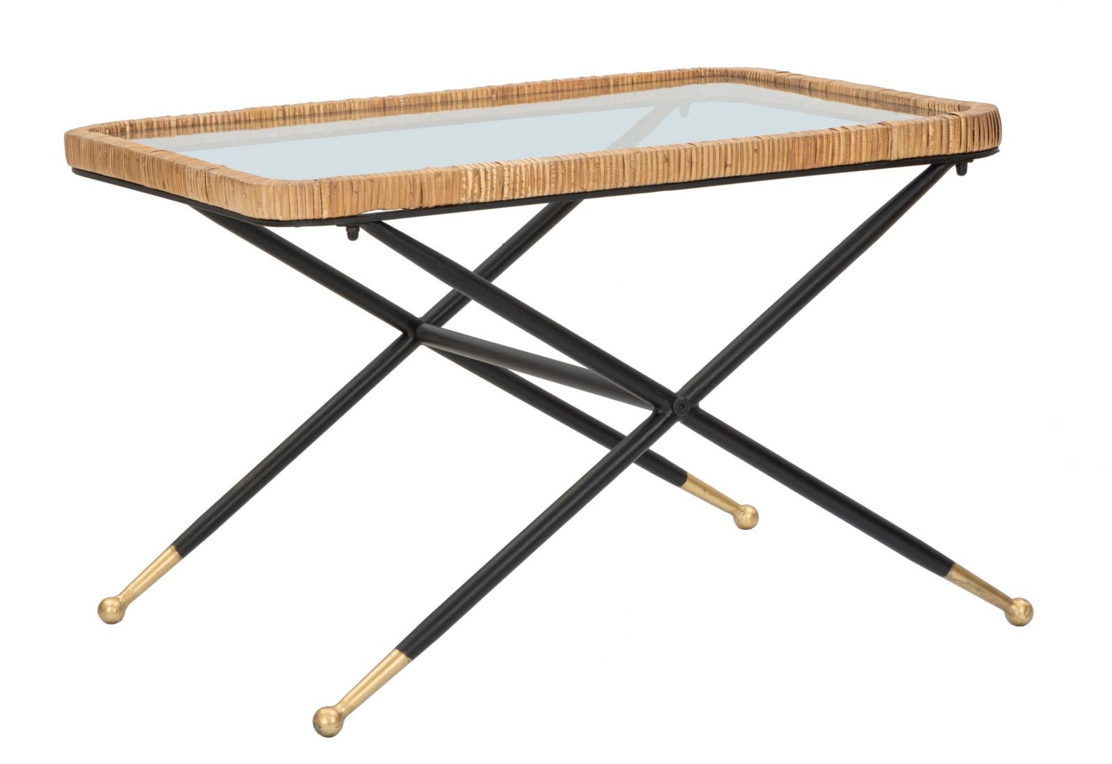 Stolik kawowy Saint Barth 70x50x45 cm, prostokątny, z metalu, szkła i rattanu – wykończenie w kolorze złotym, styl boho chic