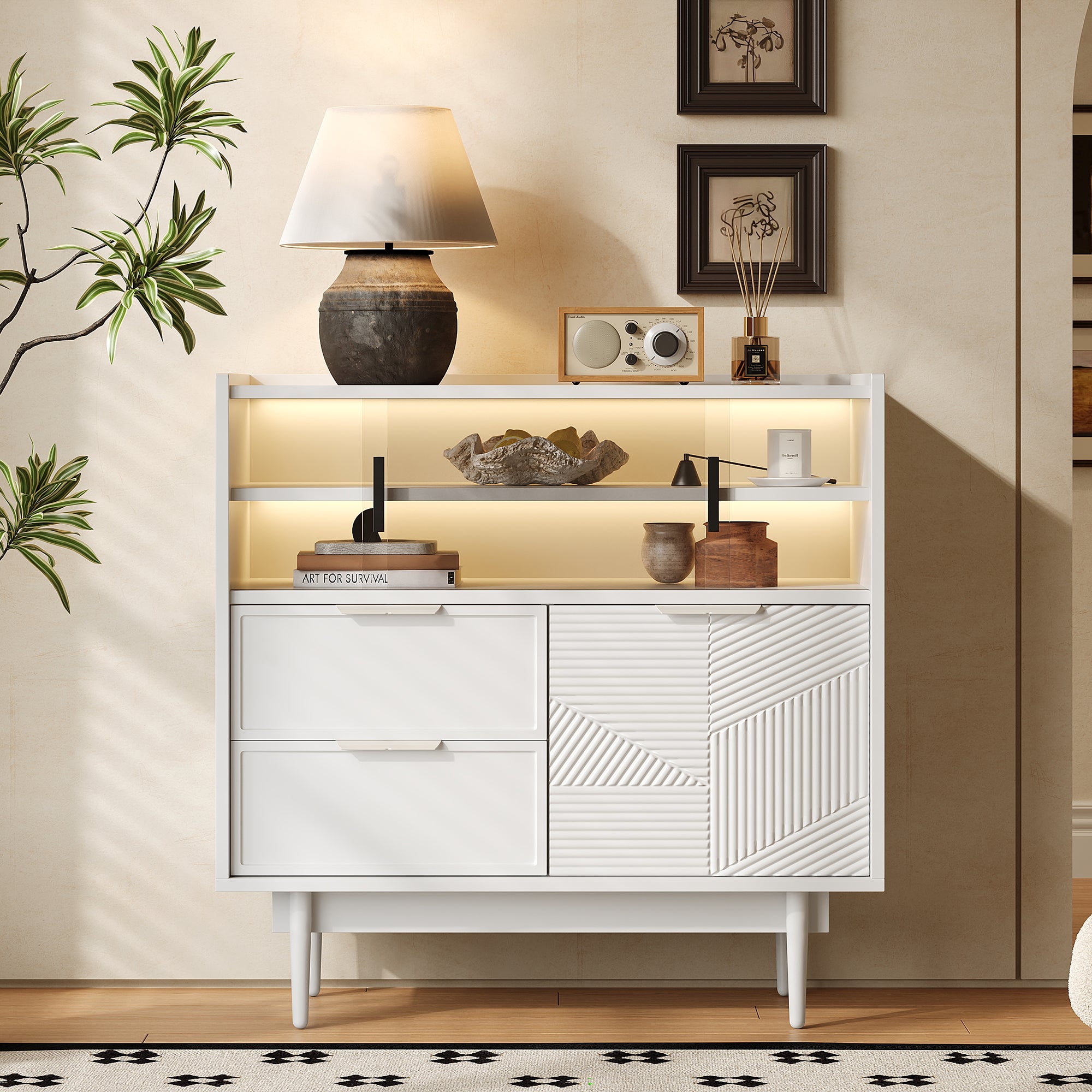 Komoda niska z 2 szufladami, 2 drzwiami szklanymi i 1 drzwiami drewnianymi - 80 x 35 x 80 cm - MDF - diody LED - do salonu, jadalni - biała