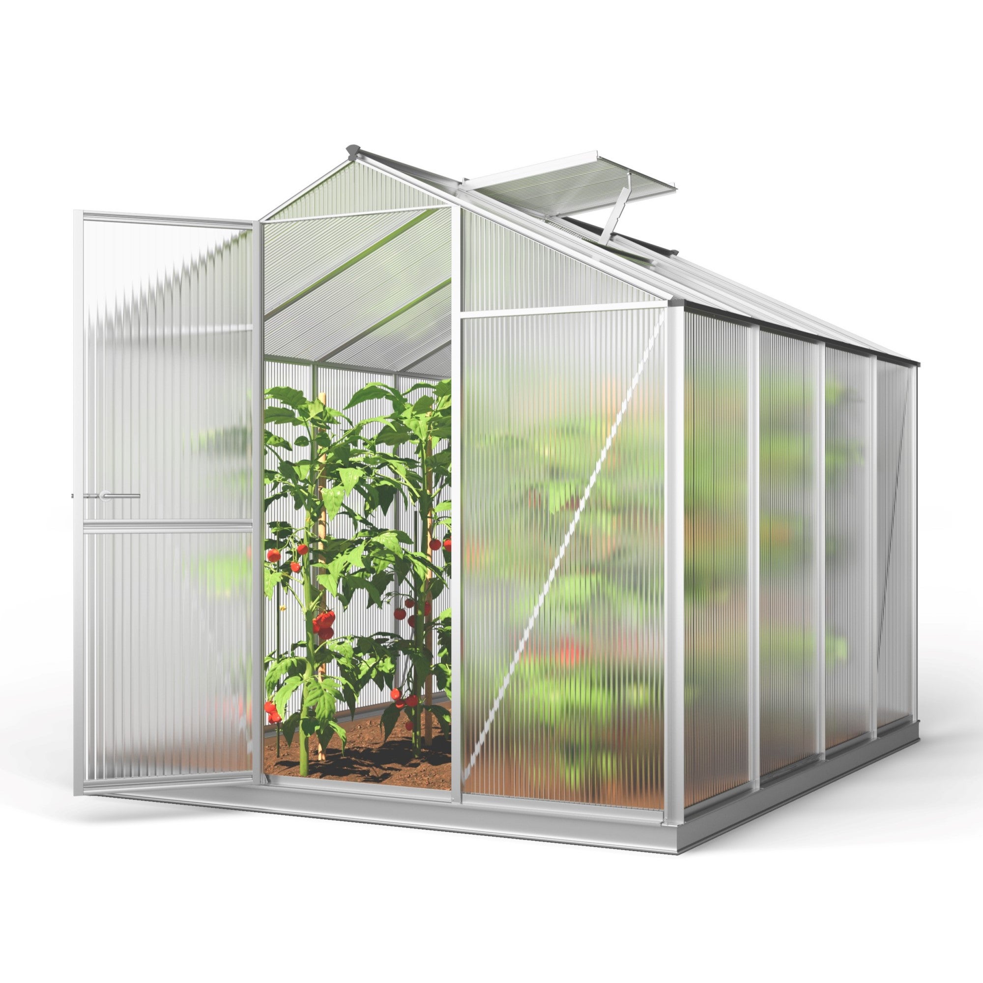 GFP szklarnia ECO 4 rama aluminiowa 192x256 cm - płytami poliwęglanowymi o grubości 6 mm - z ramą fundamentową i aut. mechanizm otwierania okien