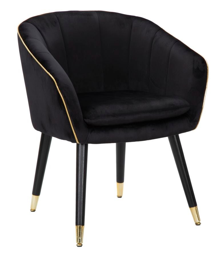 Fotel Paris Glam Black and Gold – tapicerowany fotel z tkaniny z czarnymi drewnianymi nogami i złotymi detalami, wymiary 62x58x78 cm
