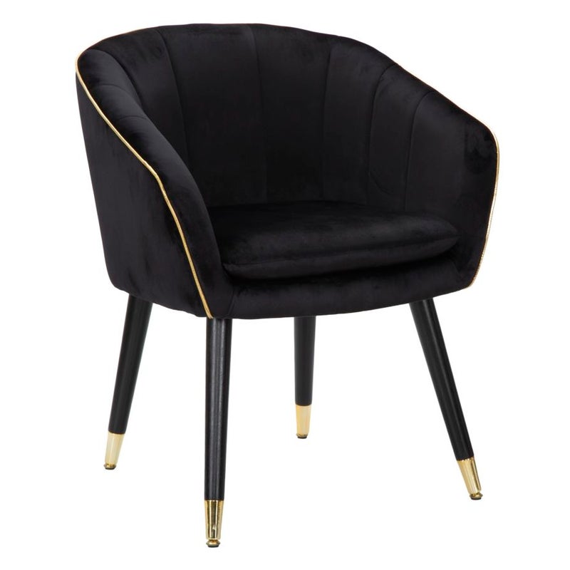 Fotel Paris Glam Black and Gold – tapicerowany fotel z tkaniny z czarnymi drewnianymi nogami i złotymi detalami, wymiary 62x58x78 cm