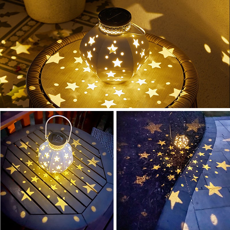 Metalowa lampa solarna z gwiazdami (kremowa biel) – IP64, podgrzewane światło LED, 28 cm