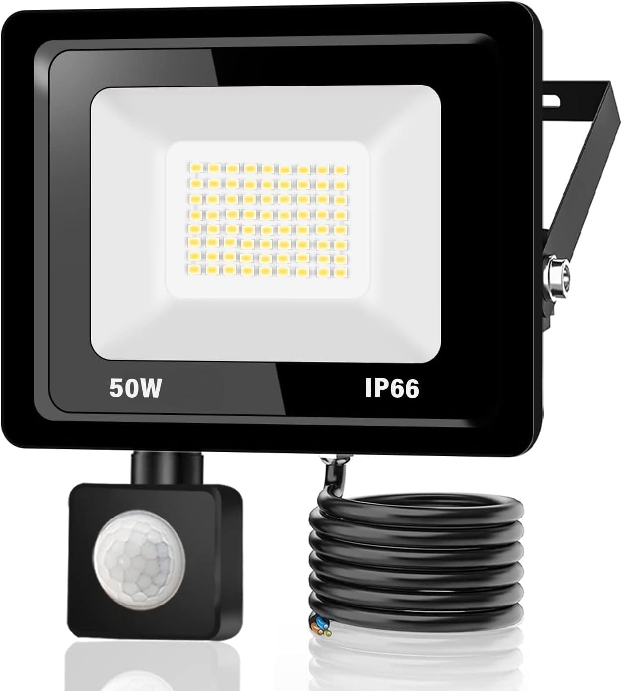 Reflektor LED 50 W do użytku na zewnątrz z czujnikiem ruchu, 2 sztuki, wodoodporny, IP66, z czujnikiem, 4000 lm, 6500 K, zimne białe światło zewnętrzn