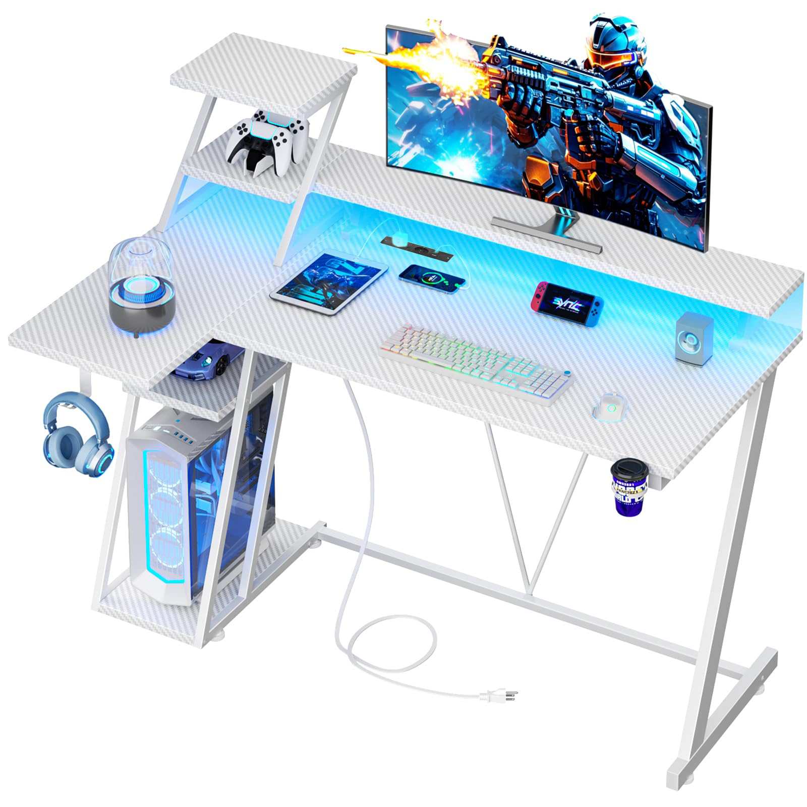 Rewersyjne biurko gamingowe z diodami LED RGB, podstawką pod monitor, portami USB i AC, wytrzymałą metalową ramą