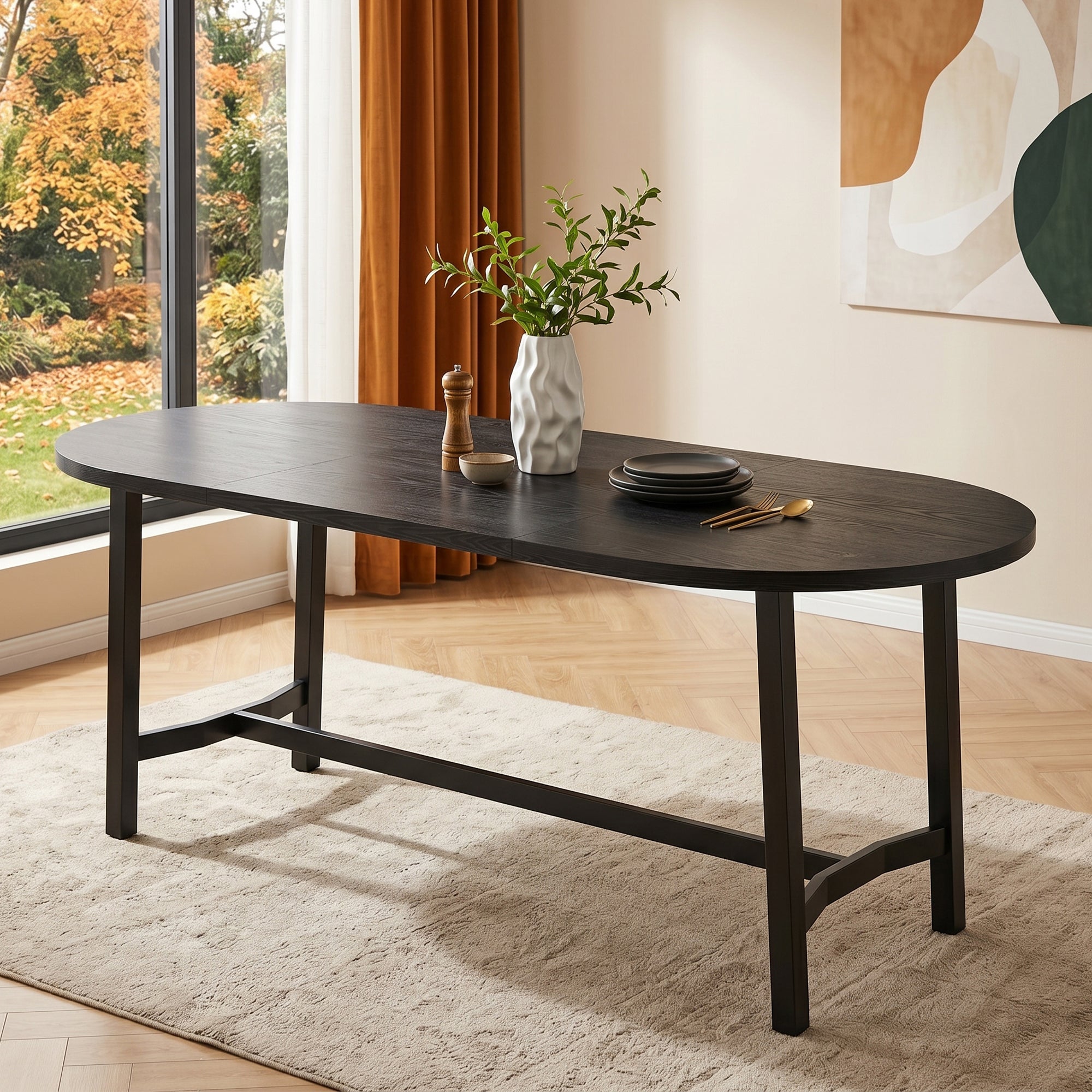 Stół jadalny owalny, 180 cm, dla 6-8 osób, z zaokrąglonymi narożnikami i żelaznymi nogami - MDF i żelazo - 180 x 80 x 75 cm - czarny
