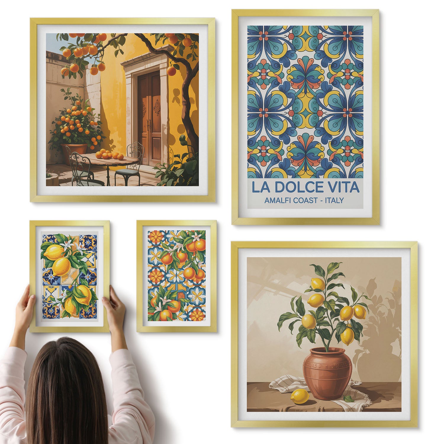 Galeria ścienna 5-częściowy komplet obrazów w złotych ramach - Włoskie motywy cytrusowe w stylu śródziemnomorskim - ArtPrintCave