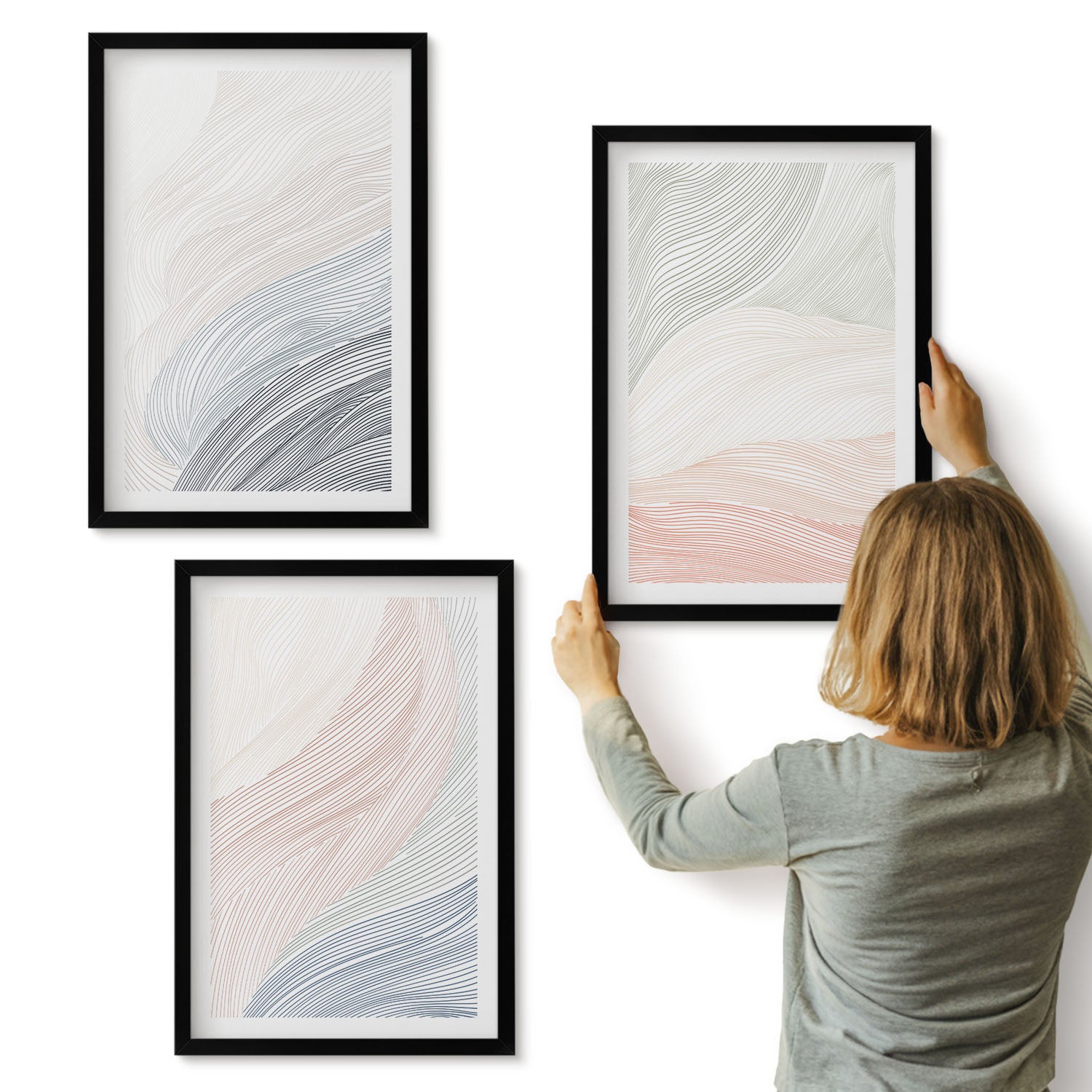 Galeria ścienna 3-częściowy komplet obrazów w czarnych ramach - Abstrakcyjne fale malunek tektury pastelowe barwy - ArtPrintCave