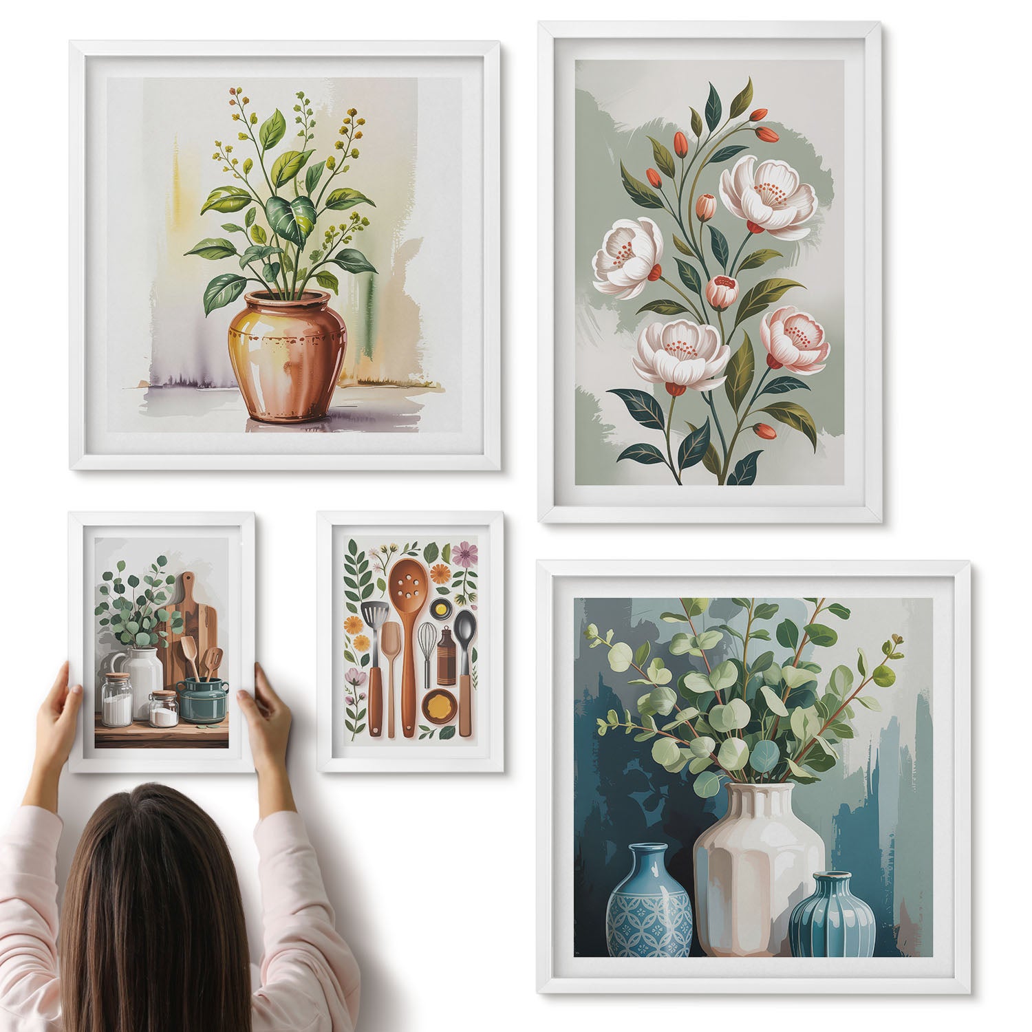 Galeria ścienna 5-częściowy komplet obrazów w białych ramach - Stylowe dekoracje z roślinnymi motywami i akcesoriami kuchennymi - ArtPrintCave